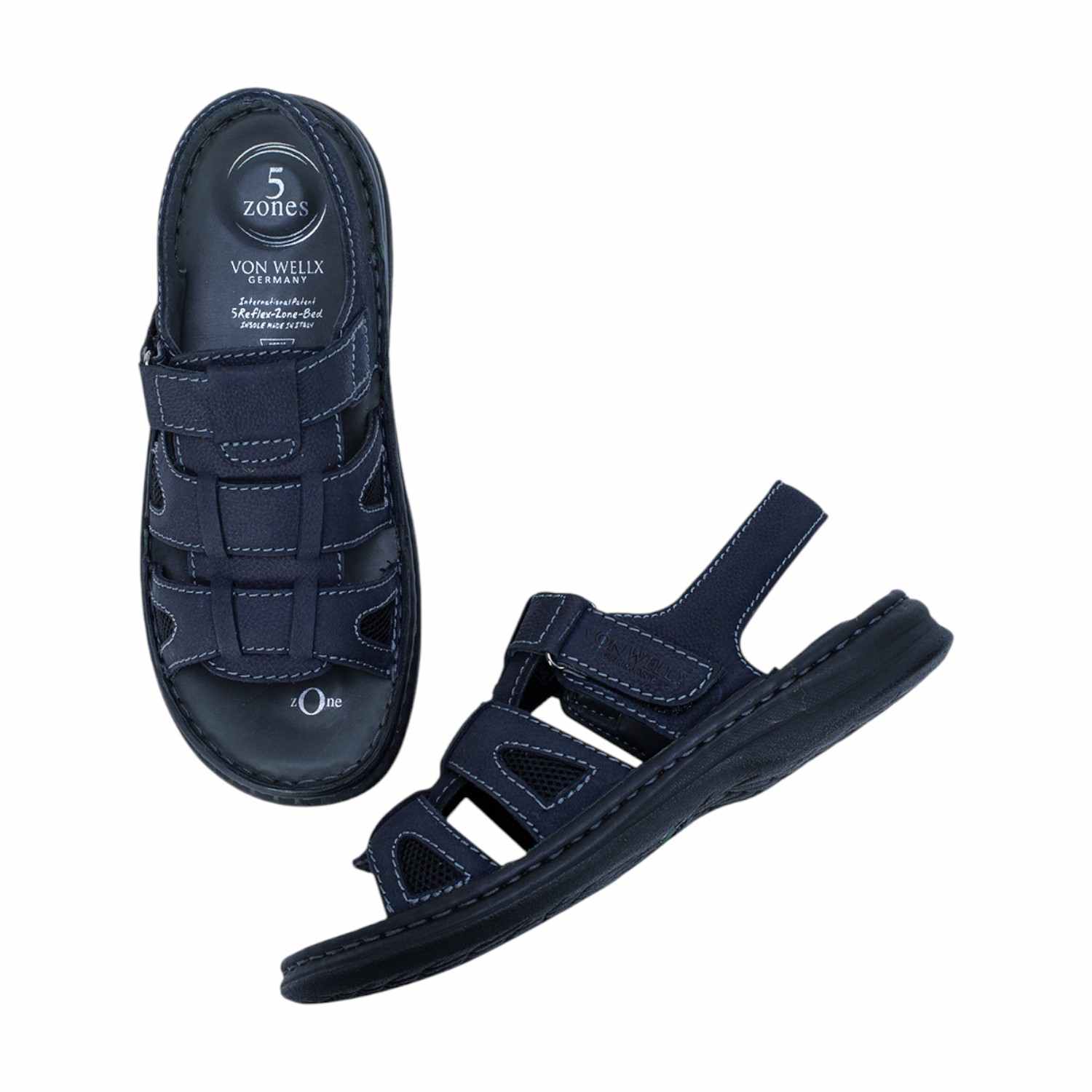 Men Navy Blue Leather Adjustable Comfort Sandals (5 Zones)
