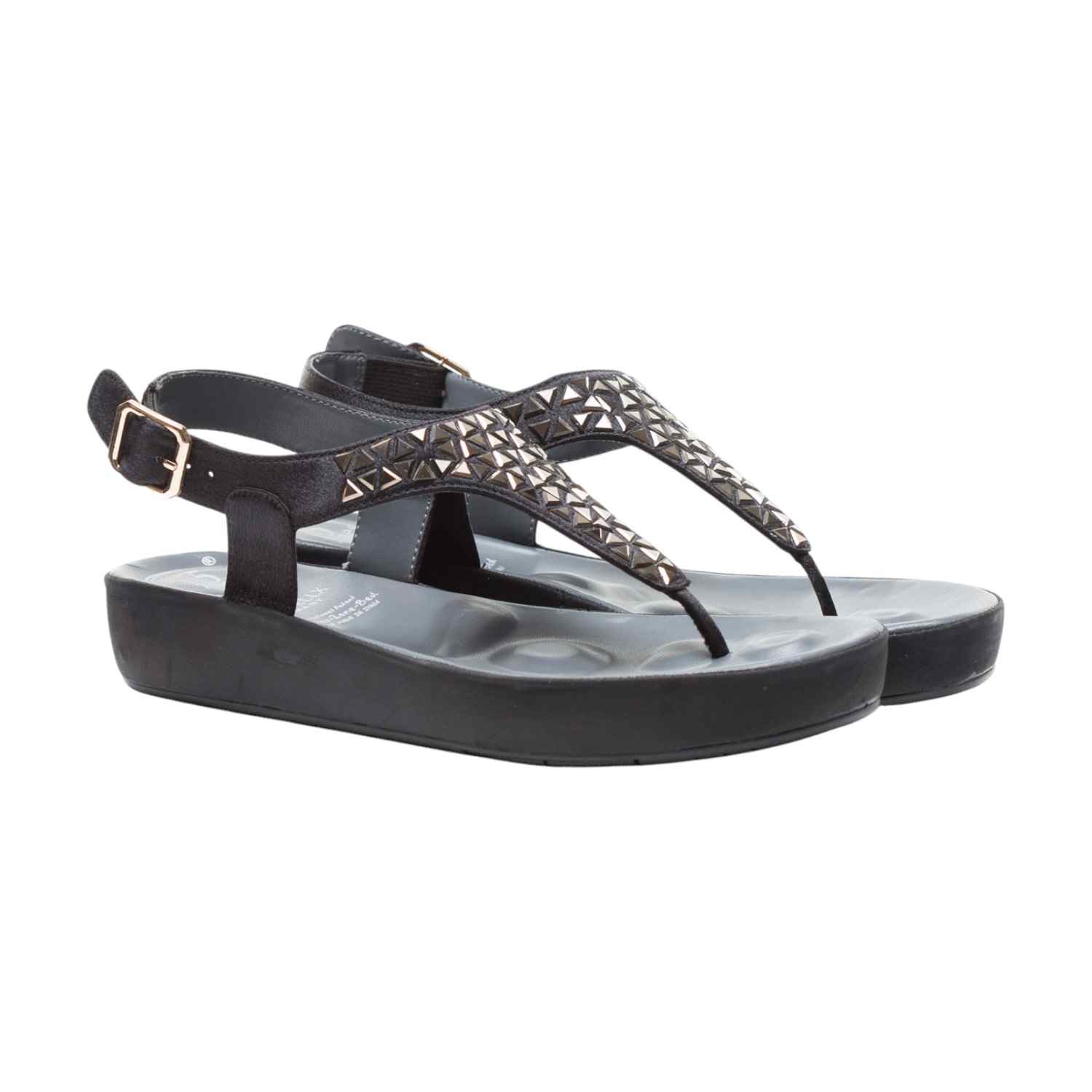 Women Black Studded Platform Thong Sandals with Ankle Strap