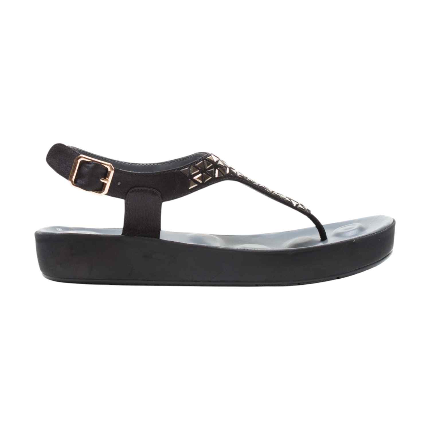 Women Black Studded Platform Thong Sandals with Ankle Strap