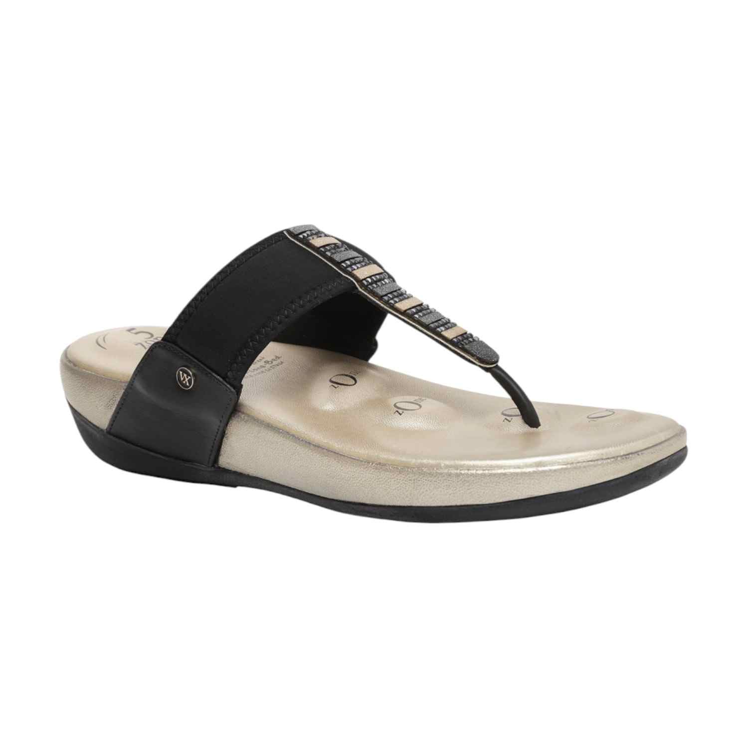 Women Black & Gold Embellished Thong Sandals with 5-Zone Support