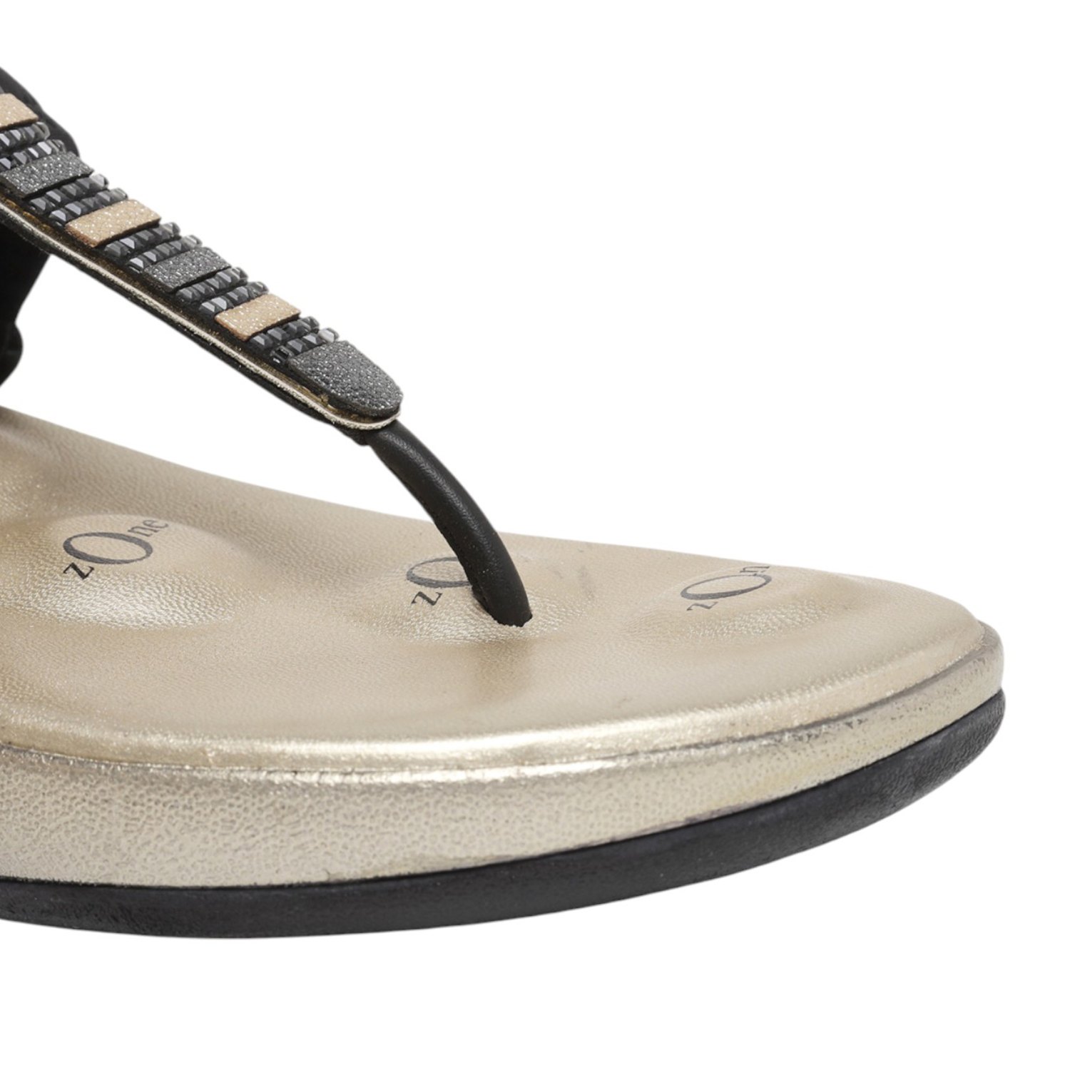 Women Black & Gold Embellished Thong Sandals with 5-Zone Support