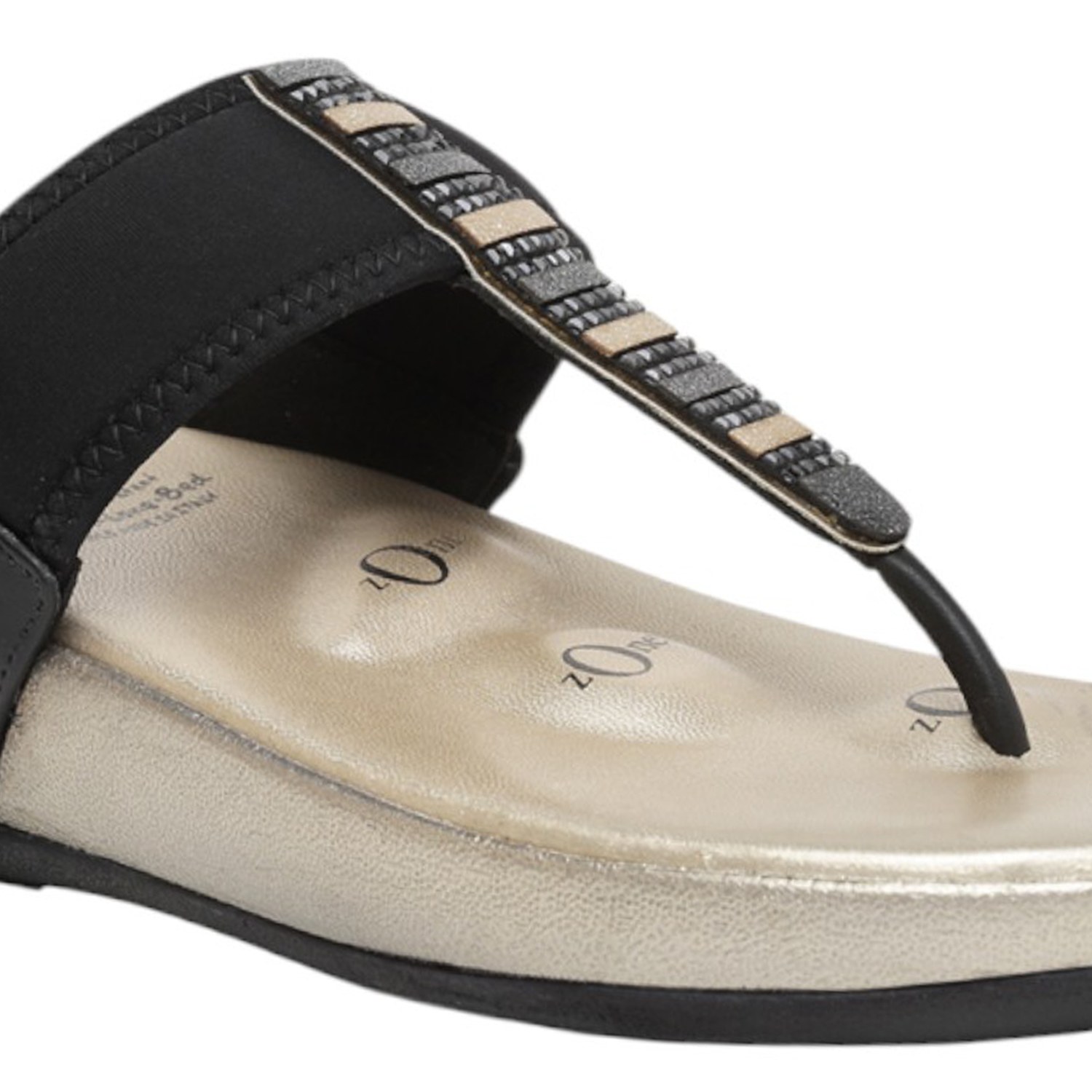 Women Black & Gold Embellished Thong Sandals with 5-Zone Support