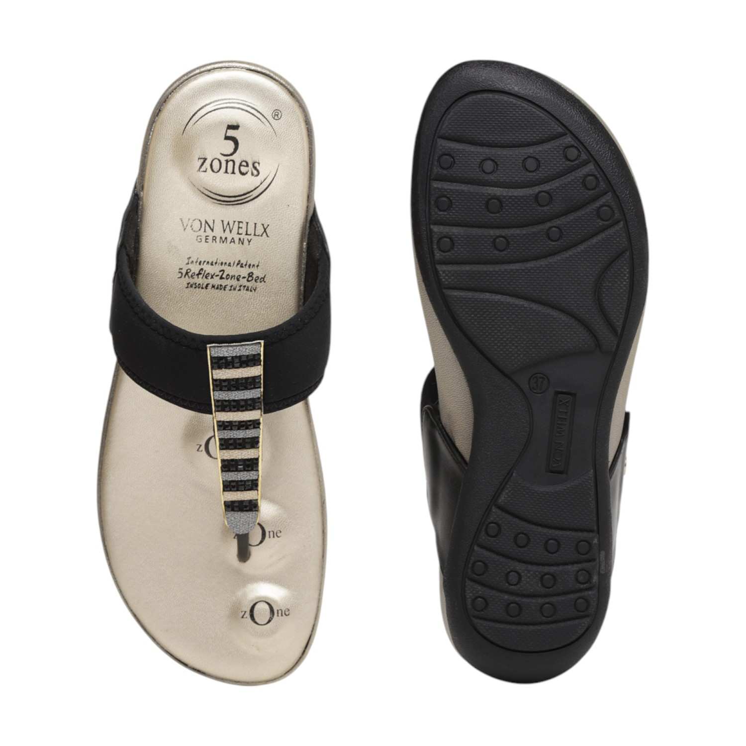 Women Black & Gold Embellished Thong Sandals with 5-Zone Support