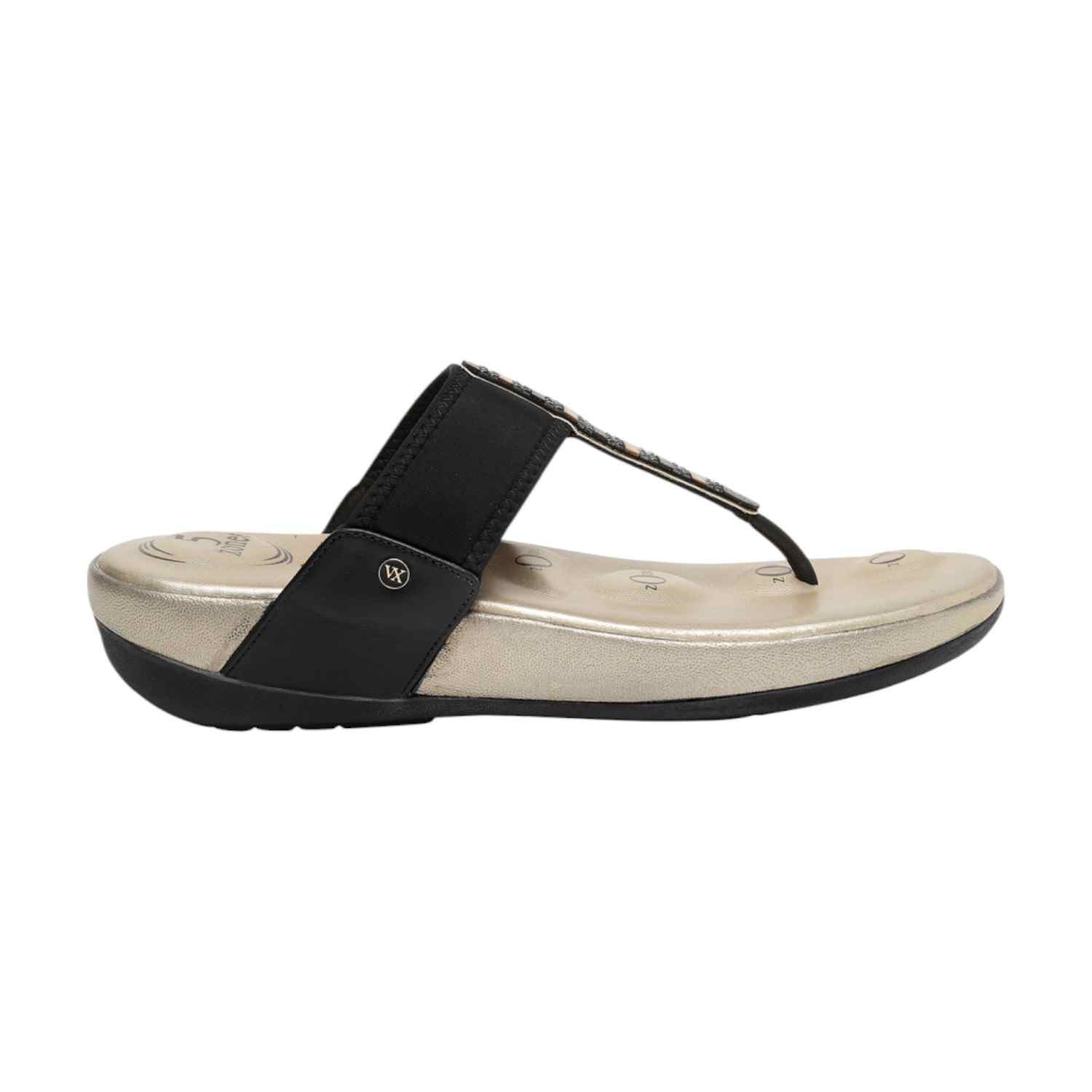 Women Black & Gold Embellished Thong Sandals with 5-Zone Support