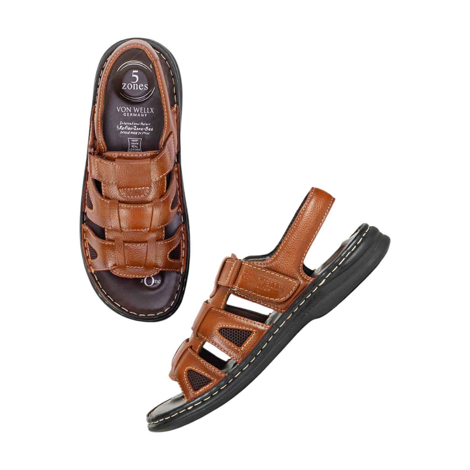 Men Navy Tan Leather Adjustable Comfort Sandals (5 Zones)