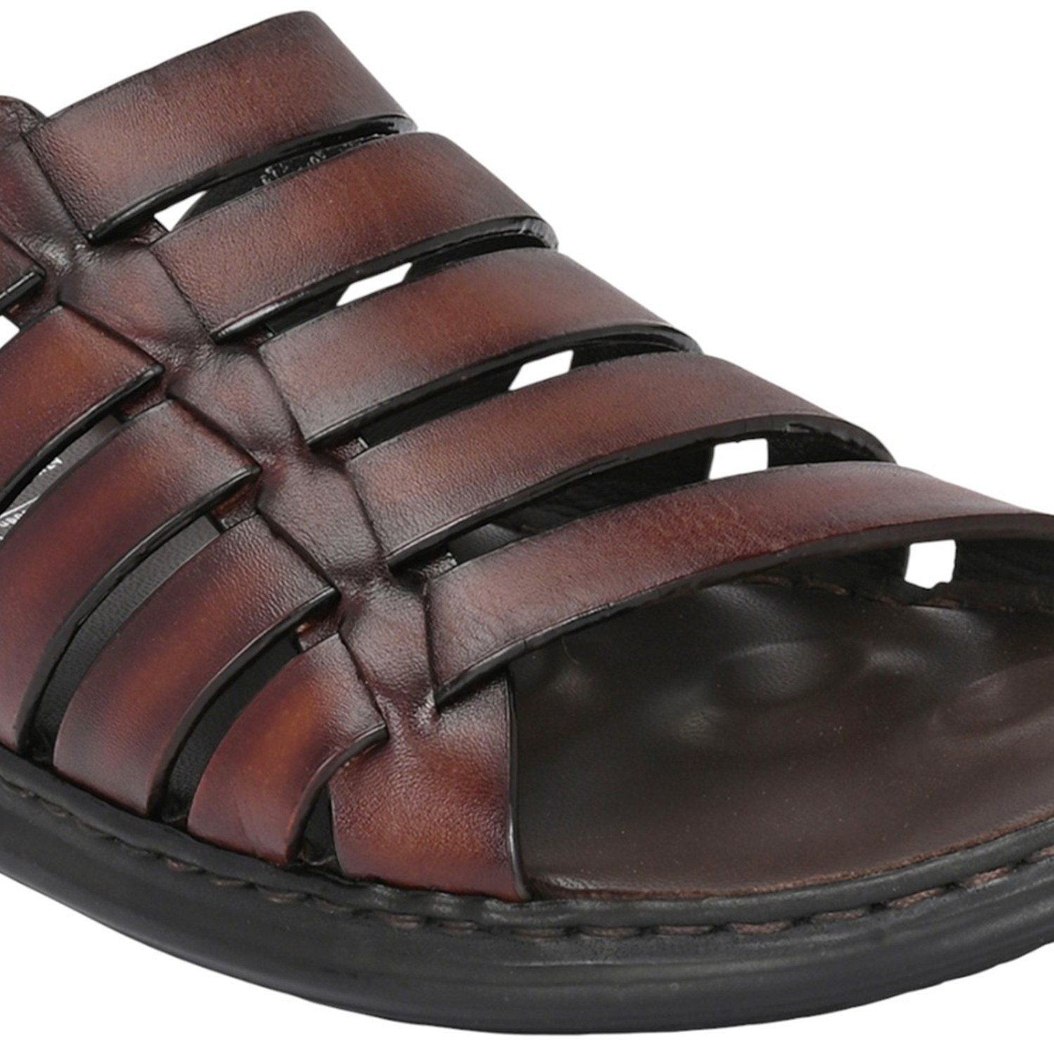 Men Burnished Brown Leather Caged Slip-On Sandal