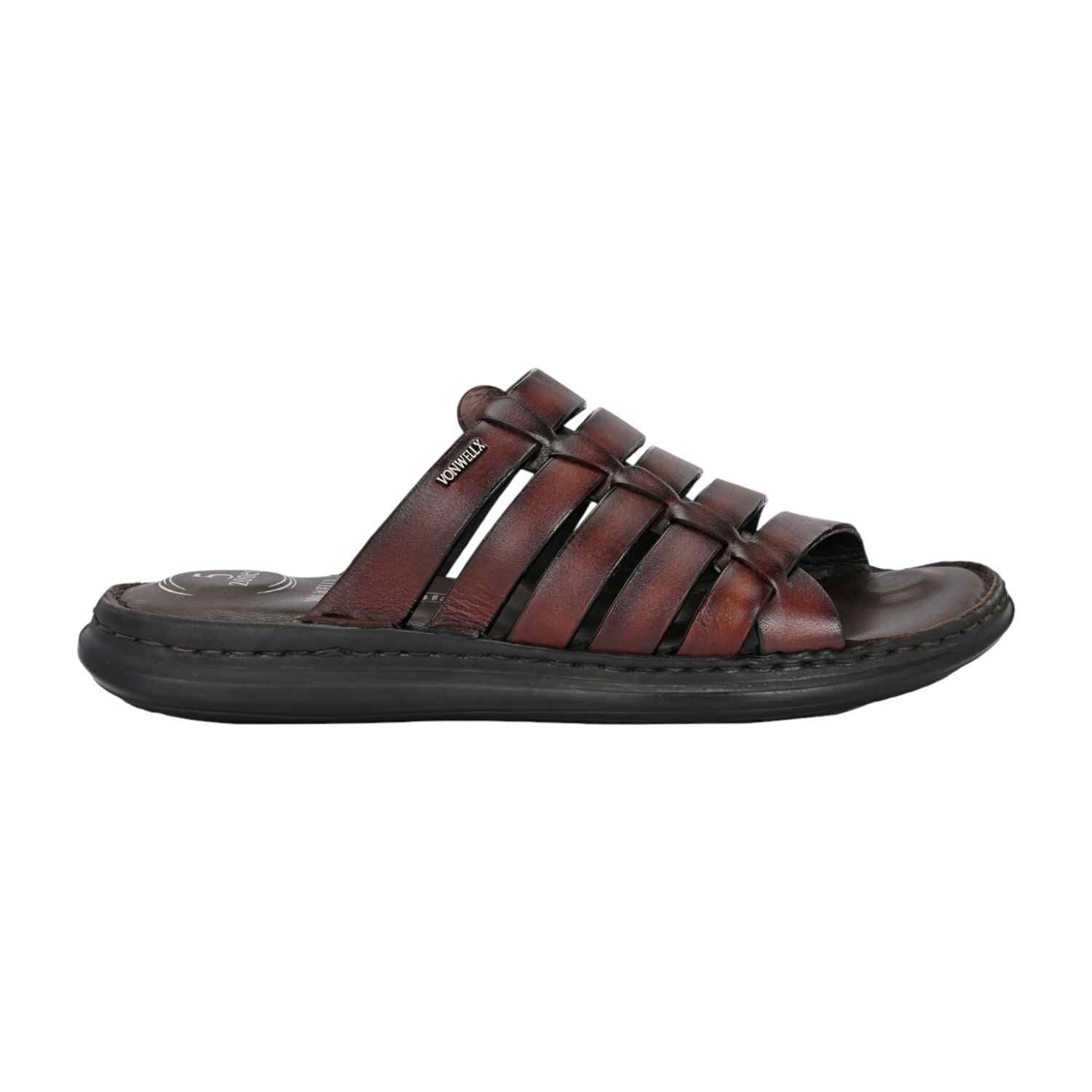Men Burnished Brown Leather Caged Slip-On Sandal