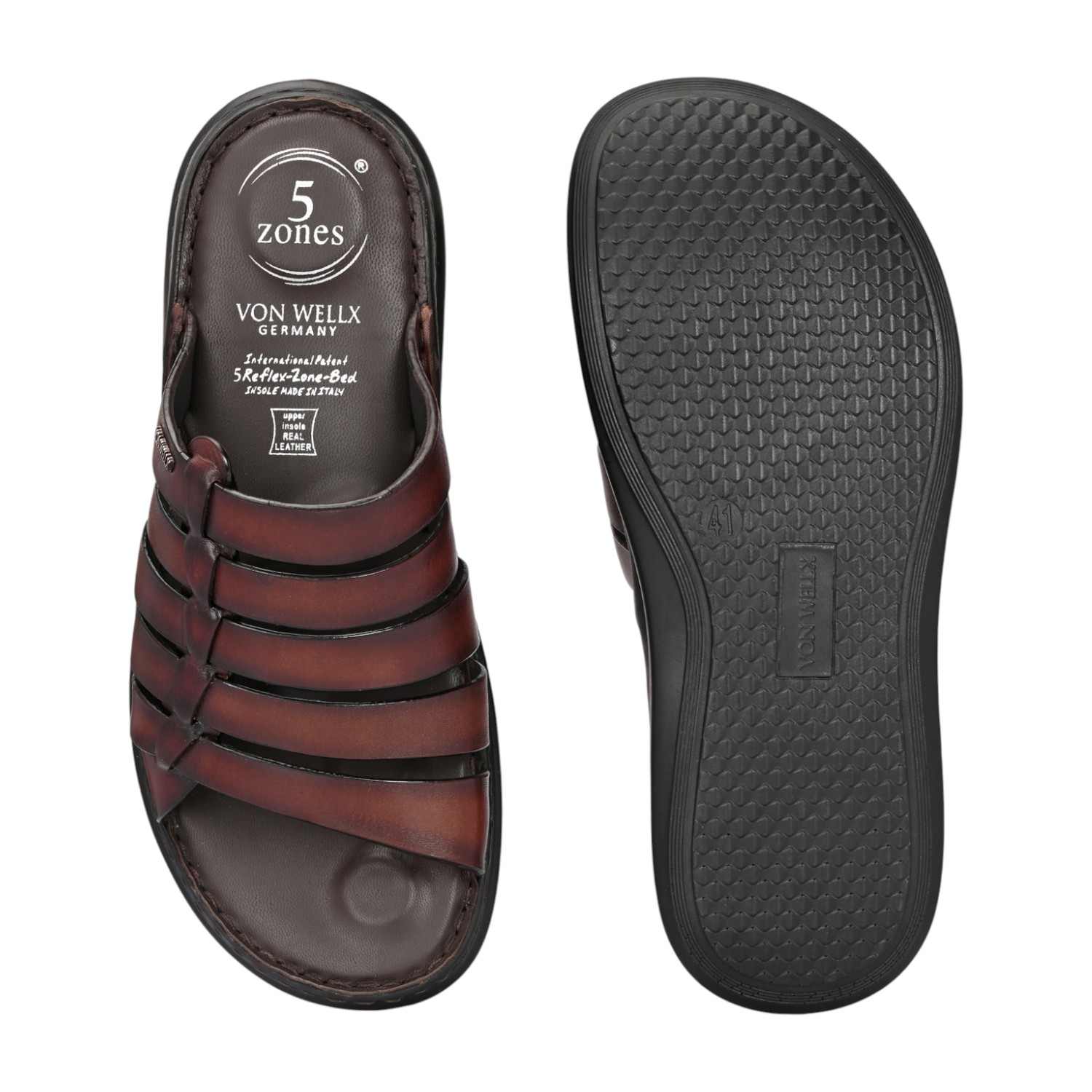 Men Burnished Brown Leather Caged Slip-On Sandal