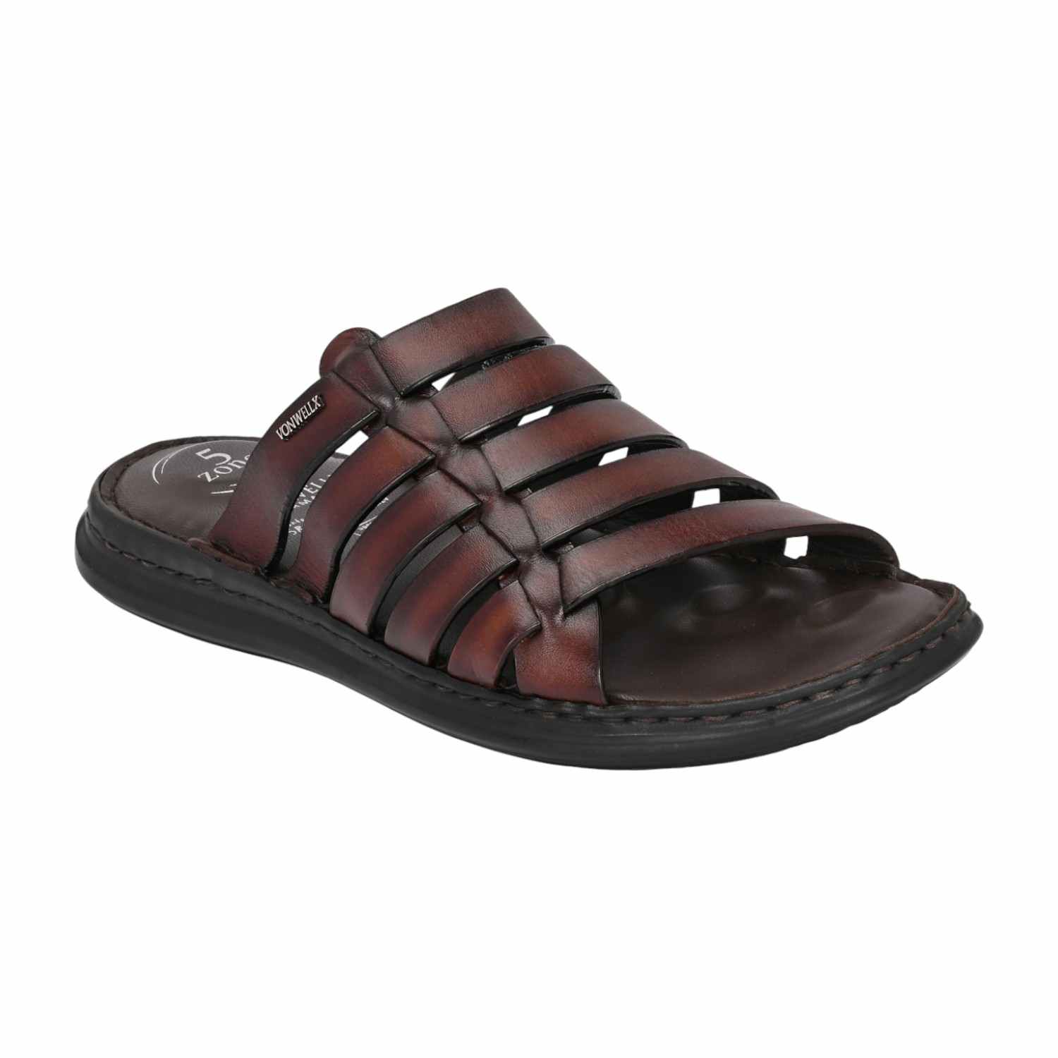 Men Burnished Brown Leather Caged Slip-On Sandal