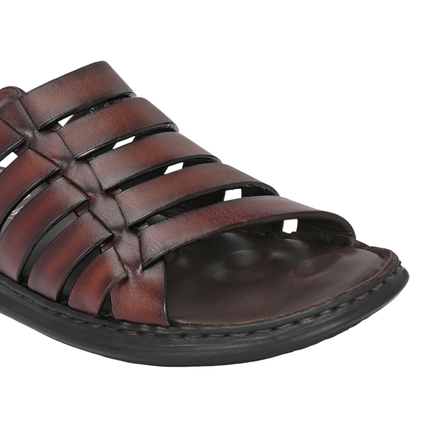 Men Burnished Brown Leather Caged Slip-On Sandal