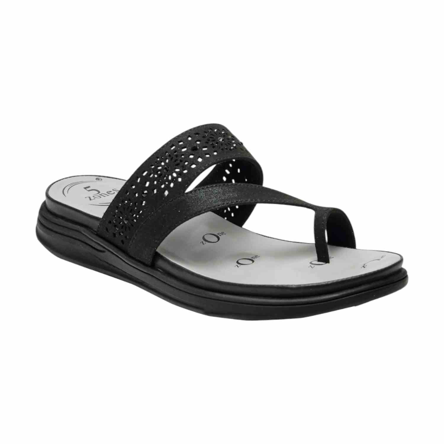 Women Black Perforated Strap Toe-Ring Sandals with 5-Zone Comfort