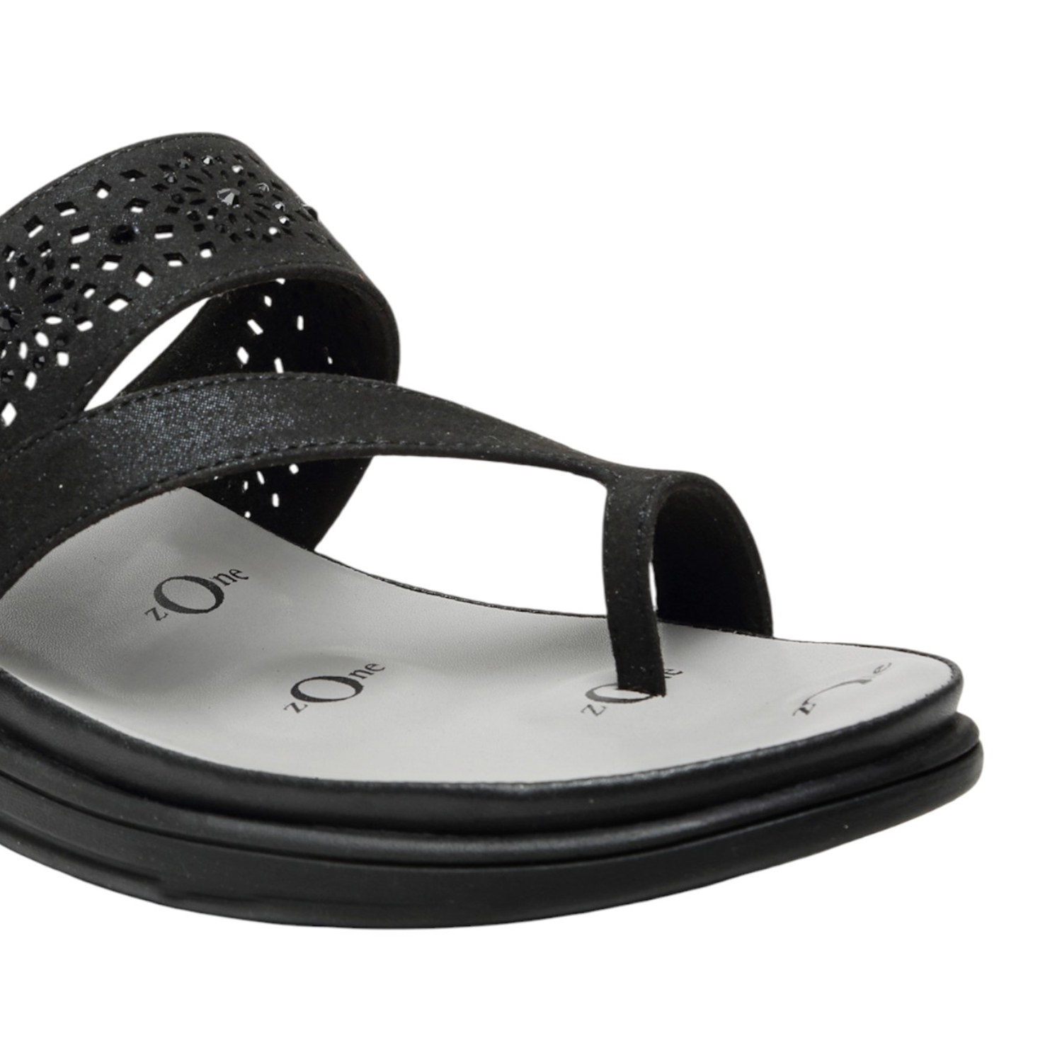 Women Black Perforated Strap Toe-Ring Sandals with 5-Zone Comfort