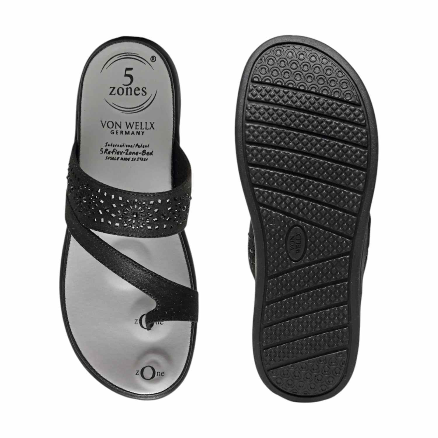 Women Black Perforated Strap Toe-Ring Sandals with 5-Zone Comfort