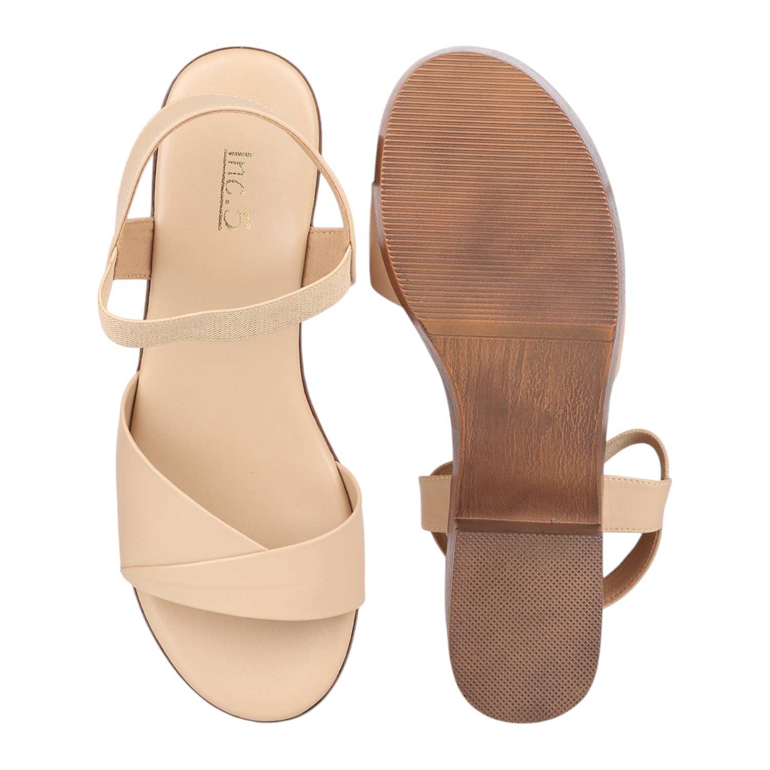 Women Beige Chunky Heel Platform Sandals with Ankle Strap