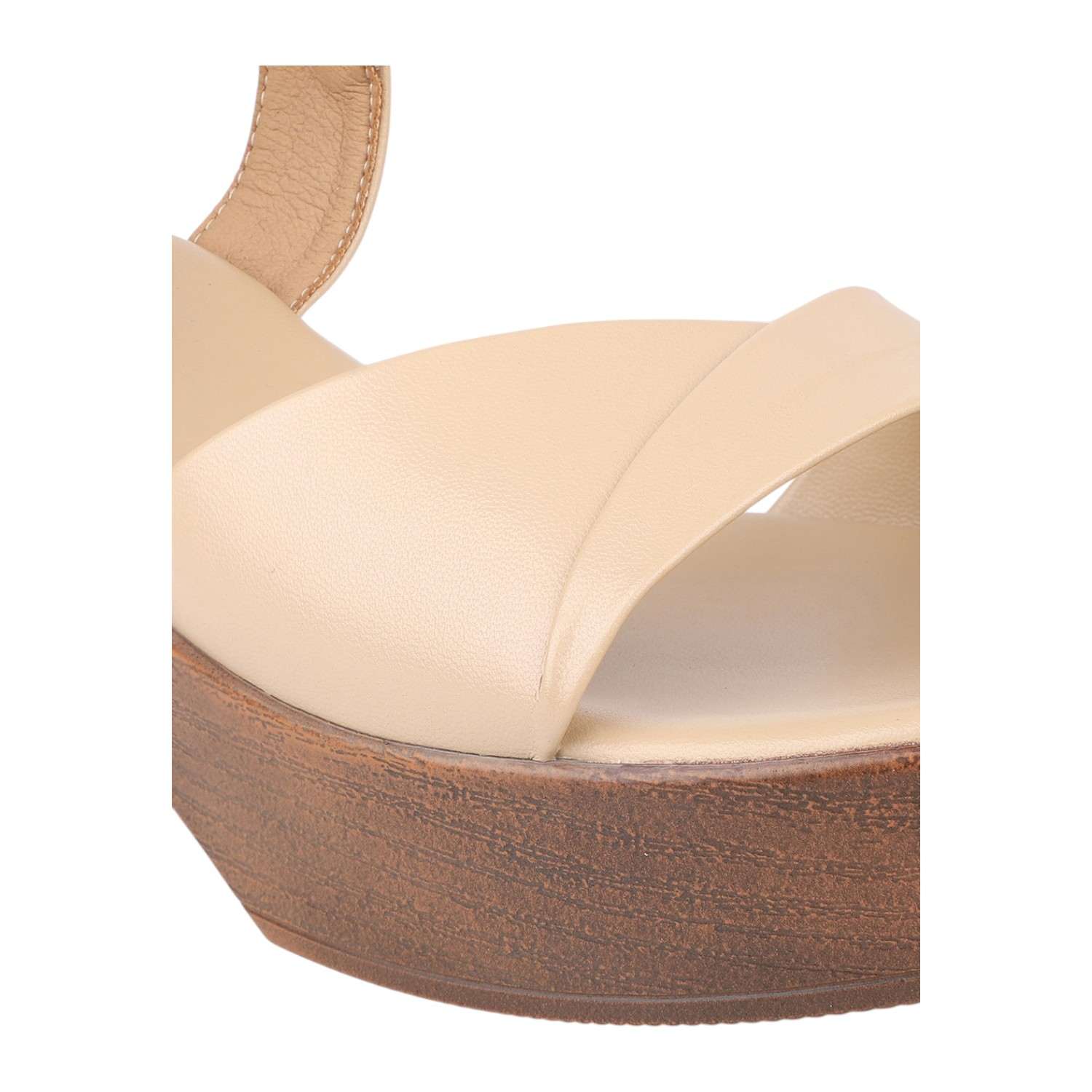 Women Beige Chunky Heel Platform Sandals with Ankle Strap