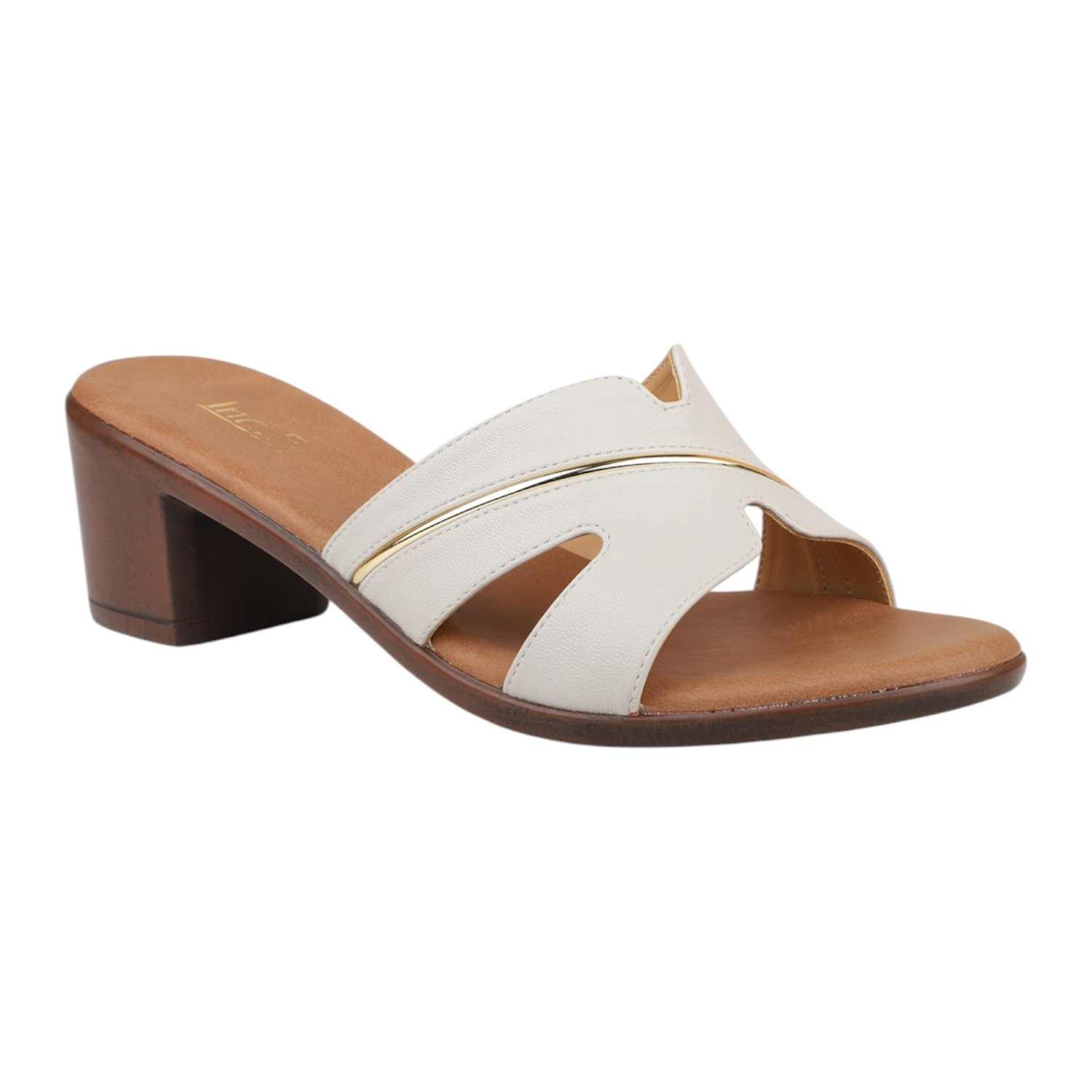 Women Elegant Grey Block Heel Slides with Metallic Detail