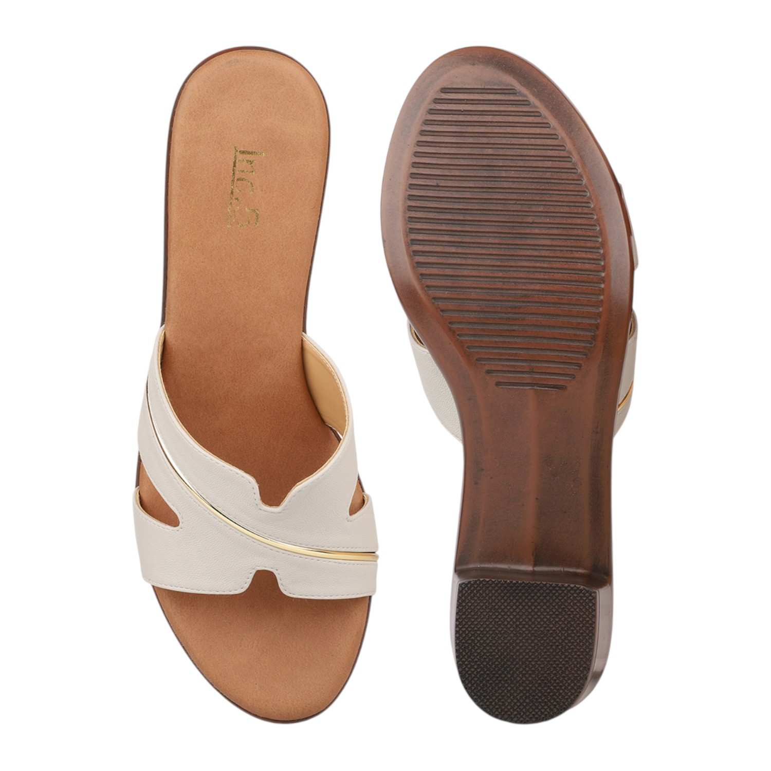 Women Elegant Grey Block Heel Slides with Metallic Detail