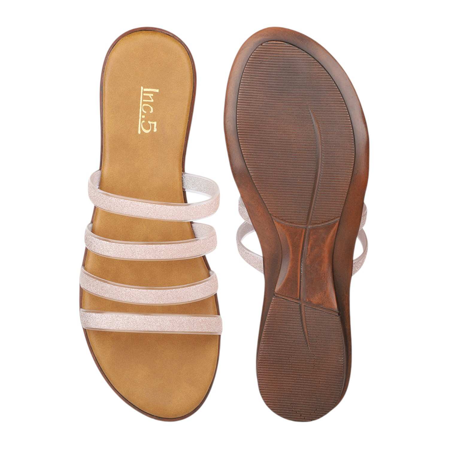 Women's Beige Glitter Multi-Strap Slip-On Sandals