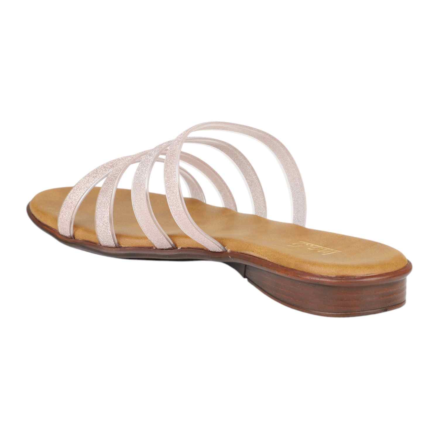 Women's Beige Glitter Multi-Strap Slip-On Sandals