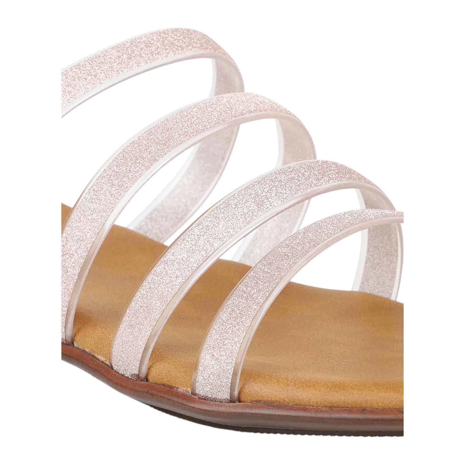 Women's Beige Glitter Multi-Strap Slip-On Sandals