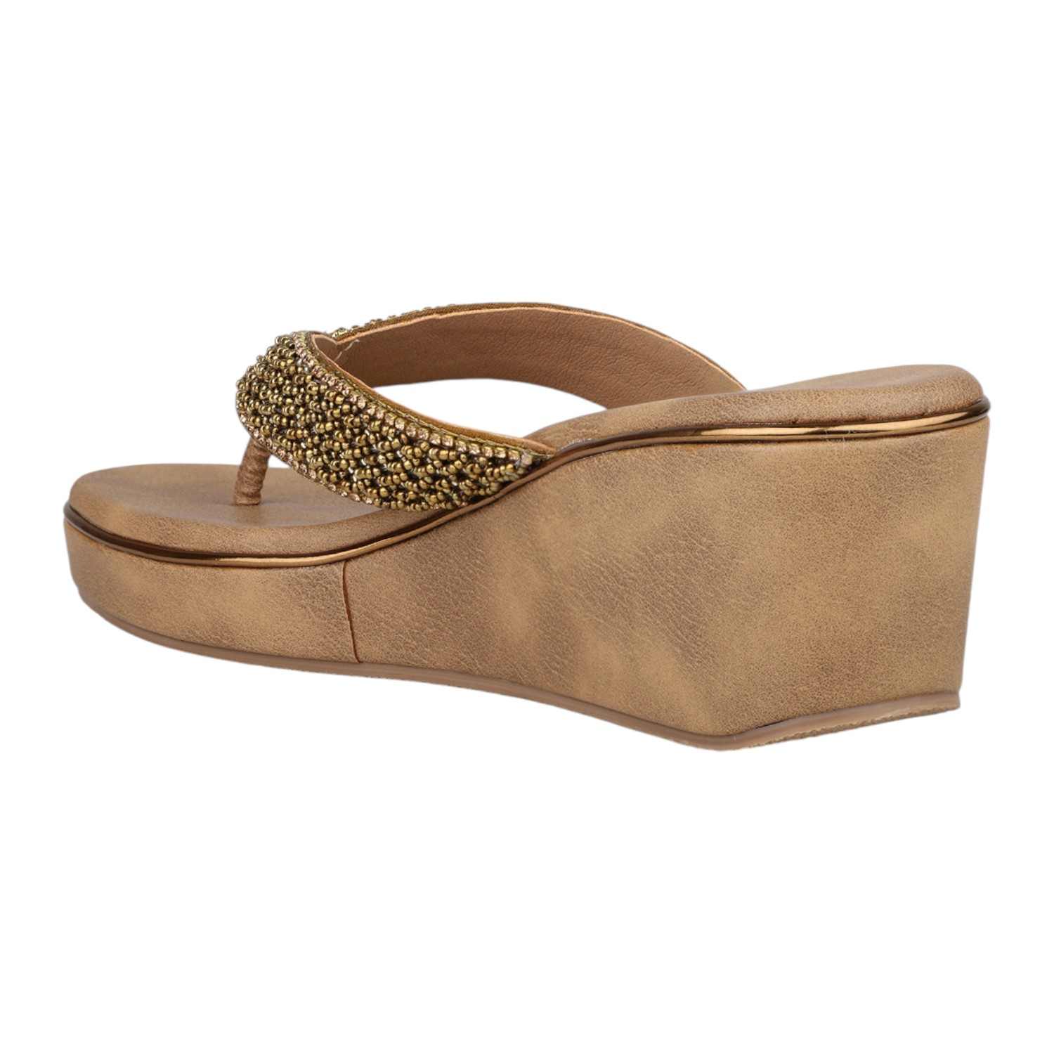 Women Antique Gold Beaded Thong Wedge Sandals
