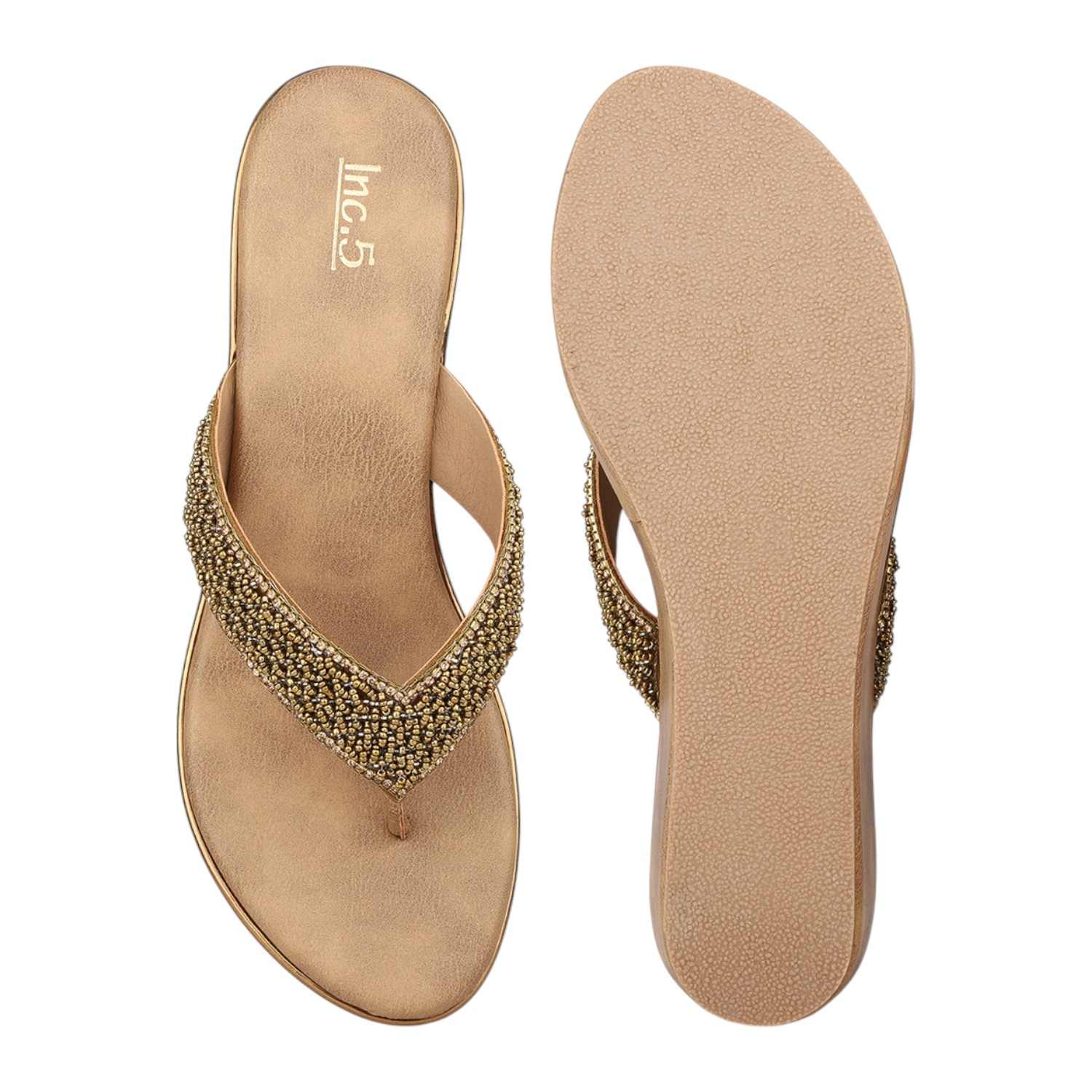 Women Antique Gold Beaded Thong Wedge Sandals