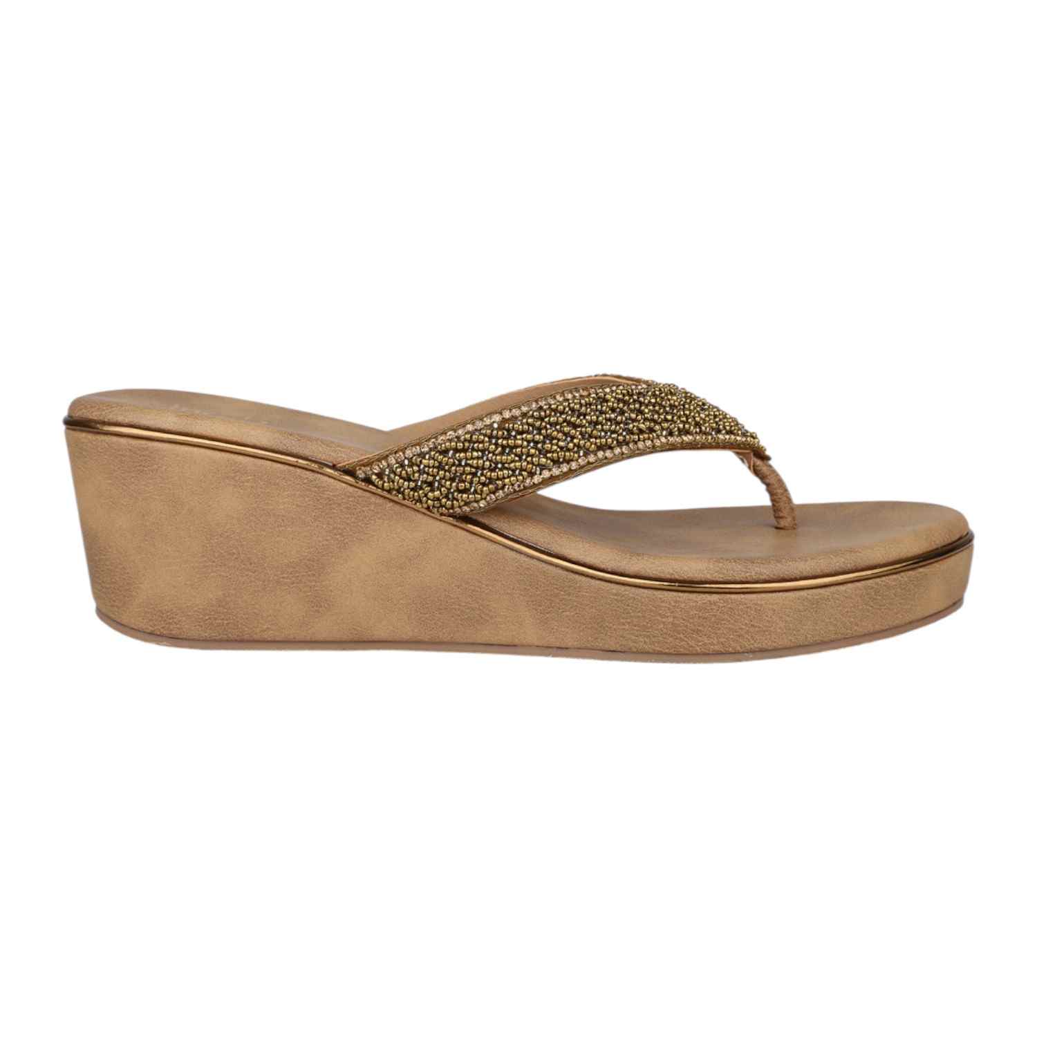 Women Antique Gold Beaded Thong Wedge Sandals