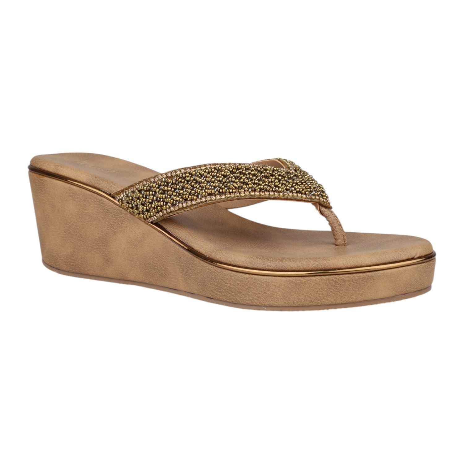 Women Antique Gold Beaded Thong Wedge Sandals
