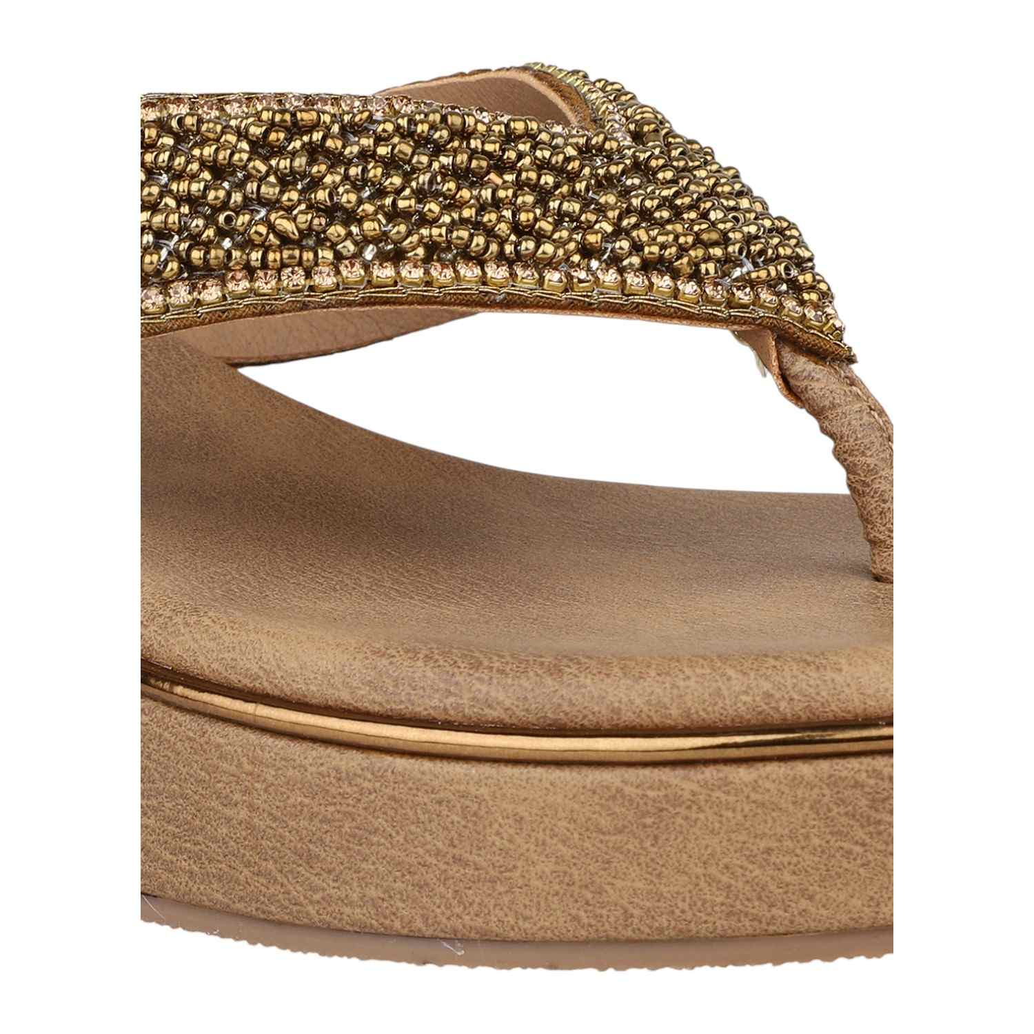 Women Antique Gold Beaded Thong Wedge Sandals