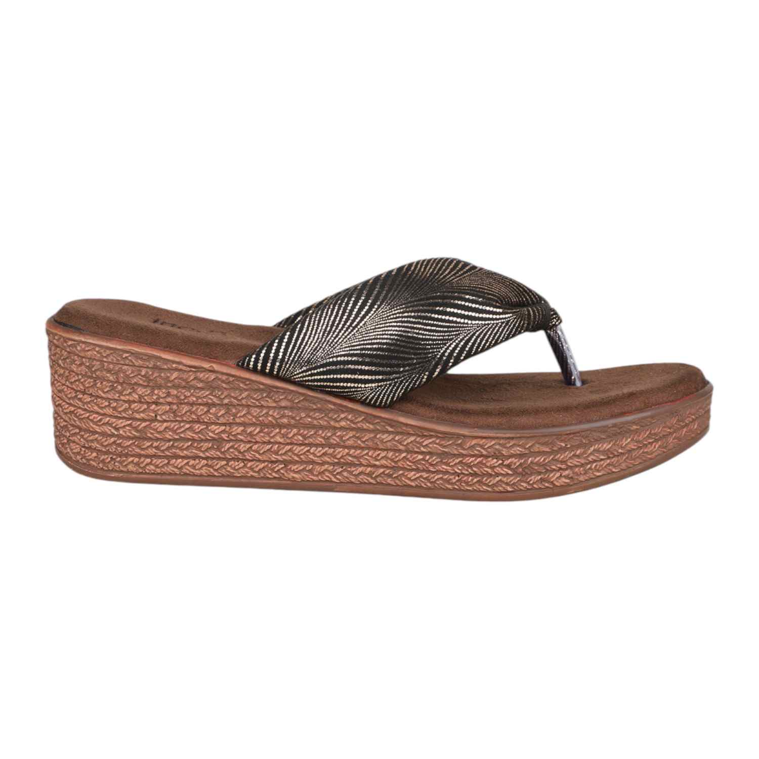 Women Antique Gold & Black Leaf Pattern Wedge Thong Sandals