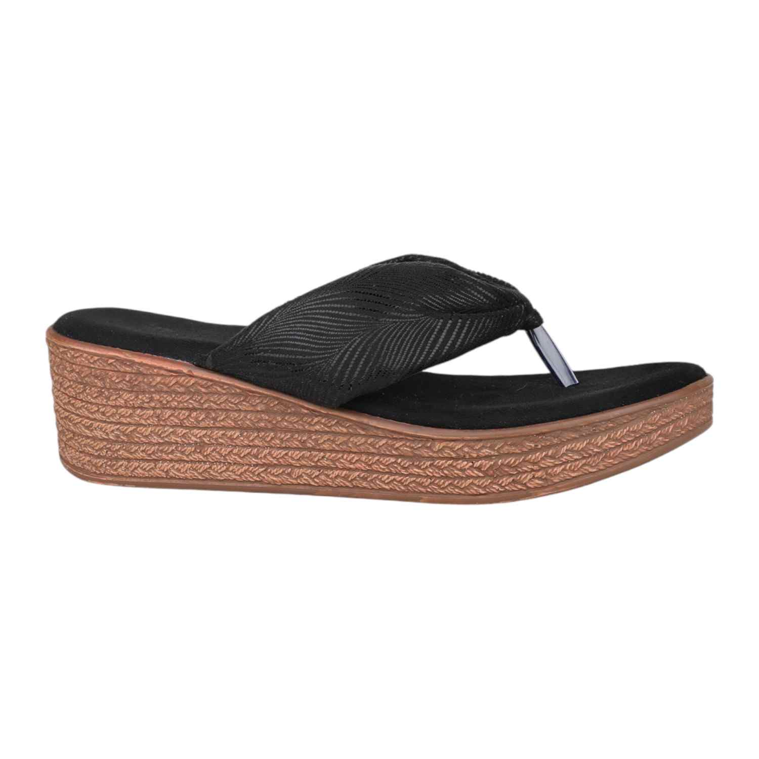 Women Antique Grey & Black Leaf Pattern Wedge Thong Sandals