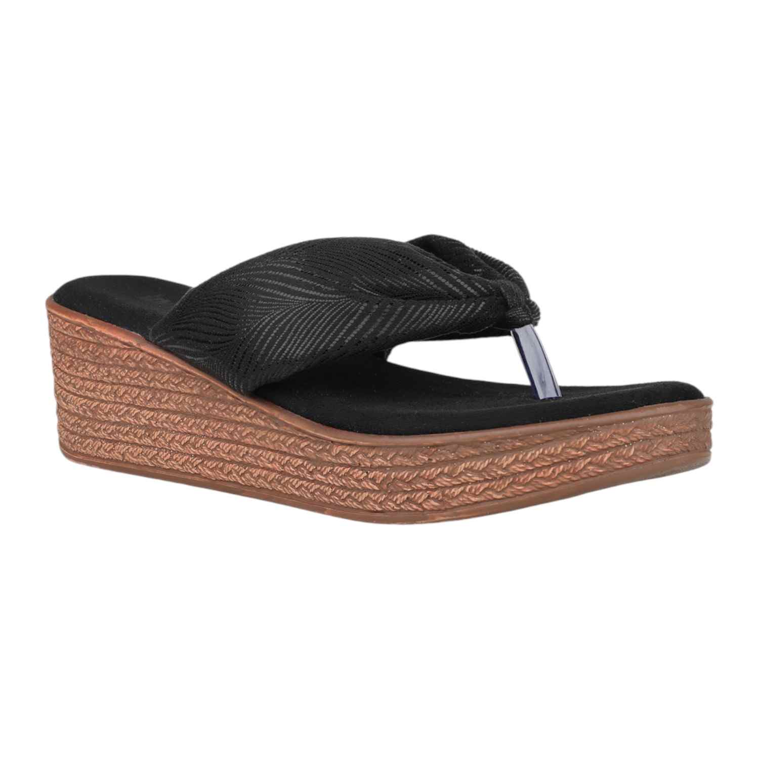 Women Antique Grey & Black Leaf Pattern Wedge Thong Sandals