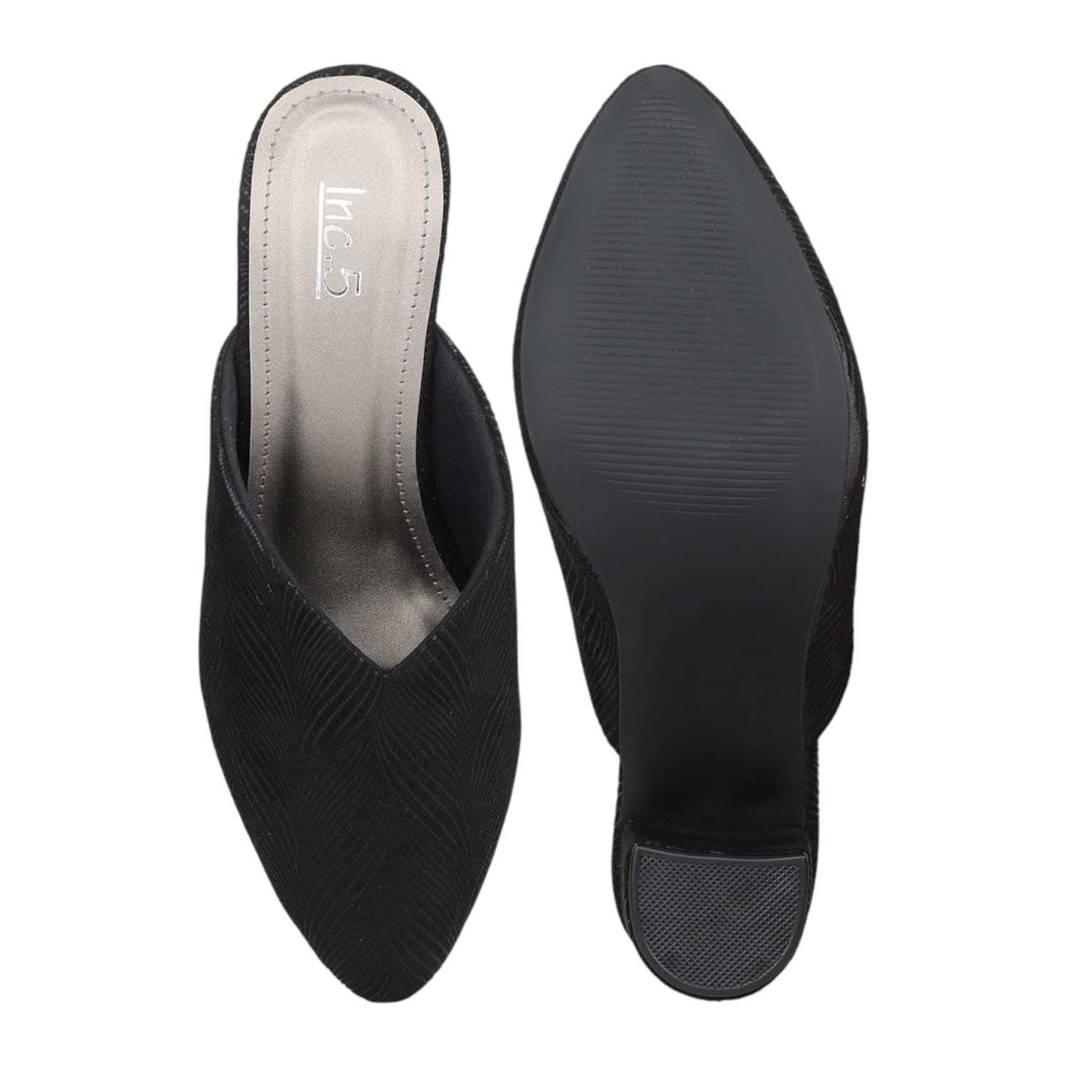 Women Black Textured Pointed Toe Block Heel Mules