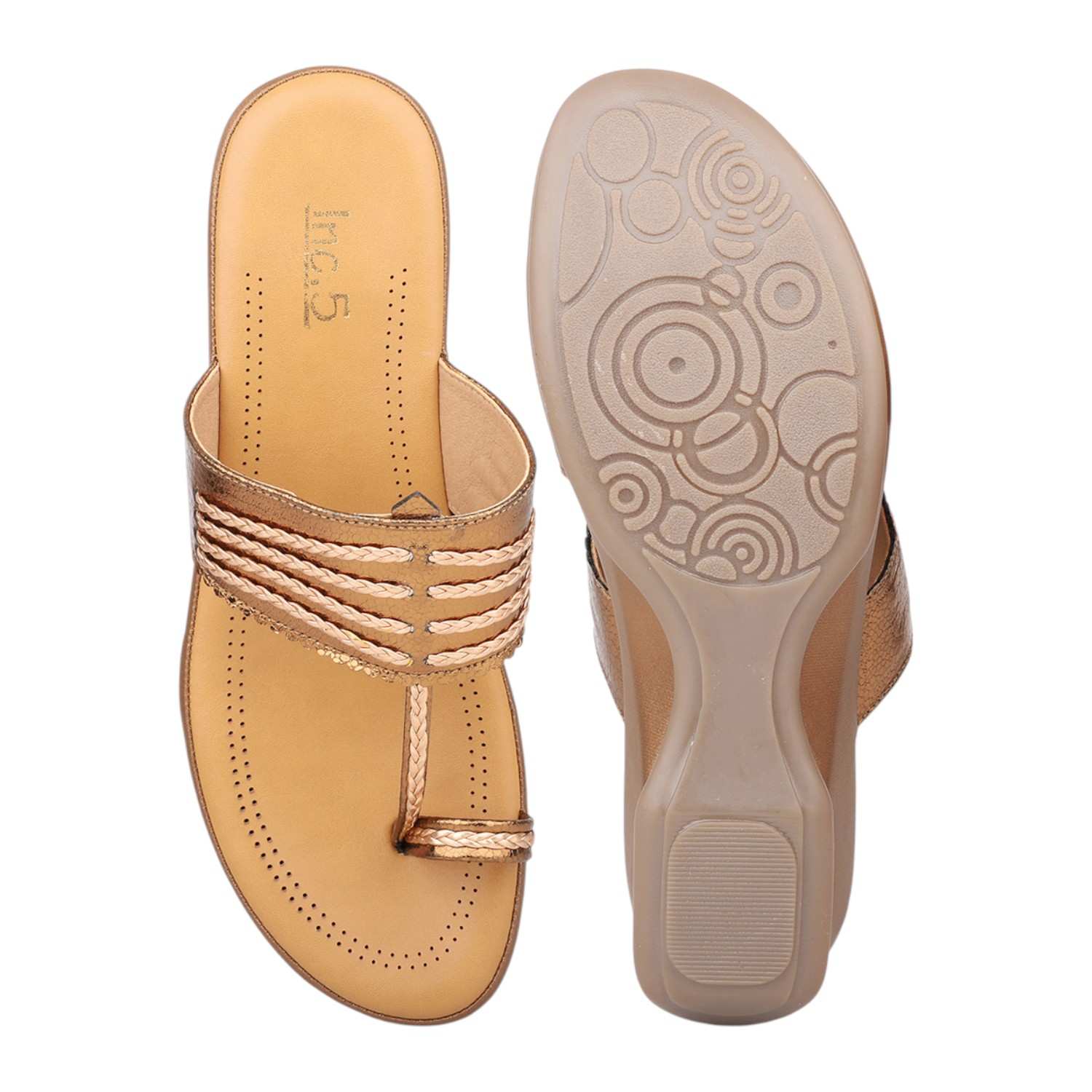 Women Antique Gold Multi-Strap Toe-Ring Wedge Sandals