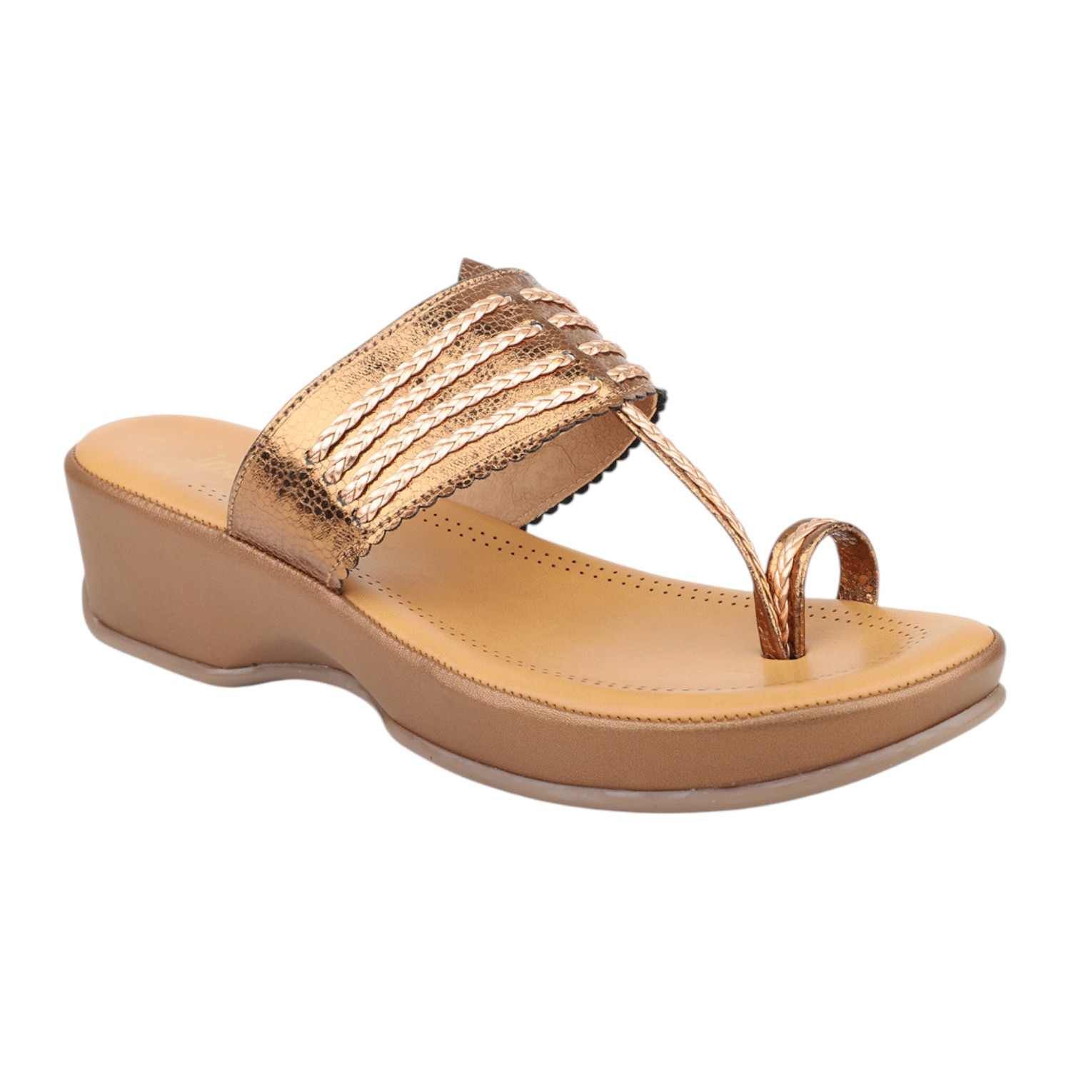 Women Antique Gold Multi-Strap Toe-Ring Wedge Sandals