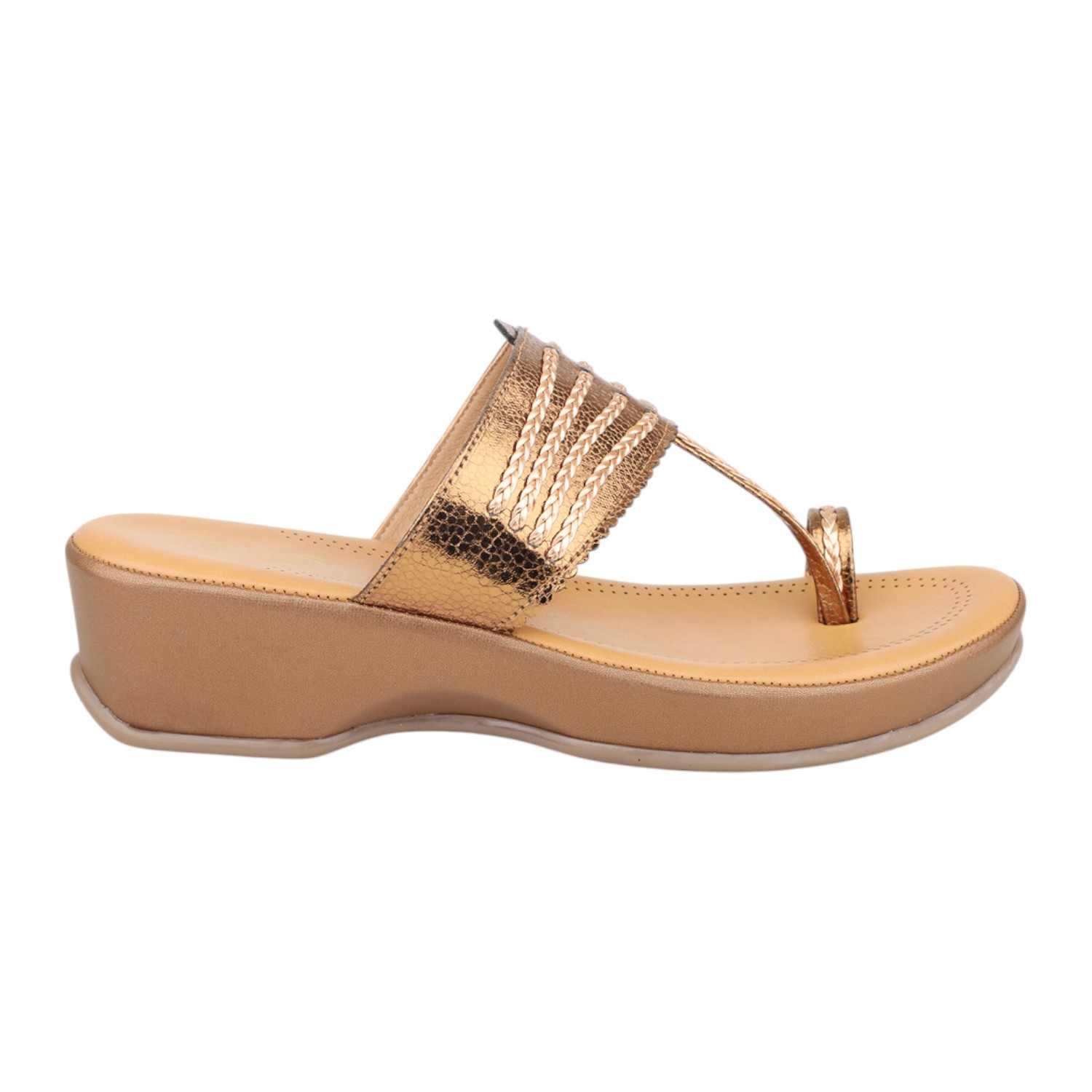 Women Antique Gold Multi-Strap Toe-Ring Wedge Sandals