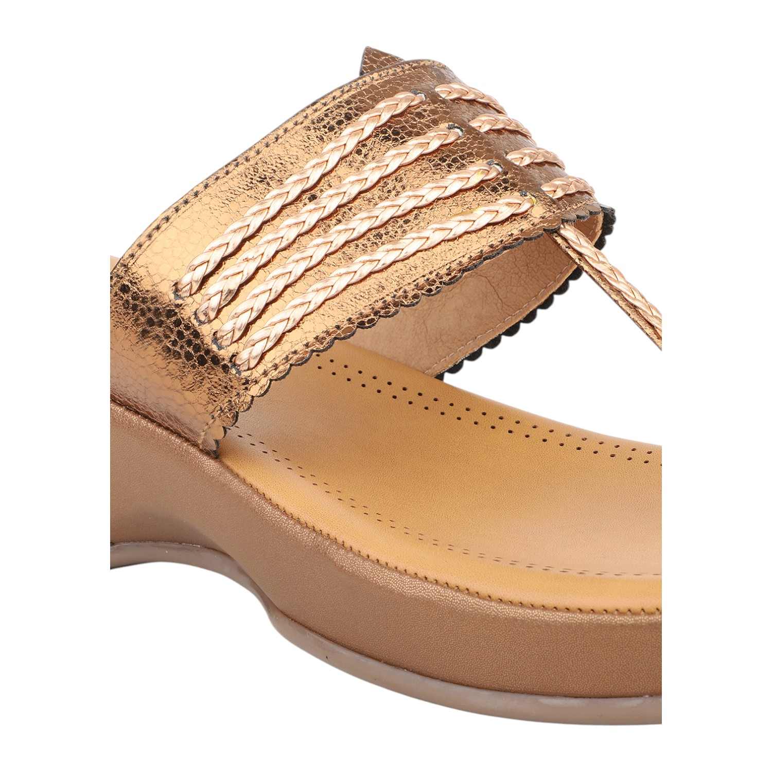 Women Antique Gold Multi-Strap Toe-Ring Wedge Sandals