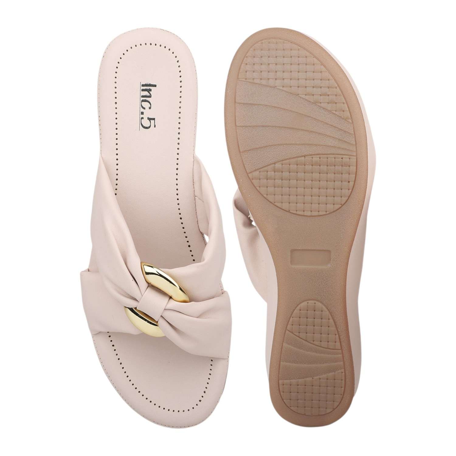 Women Cream Knotted Strap Wedge Slides with Gold Accent