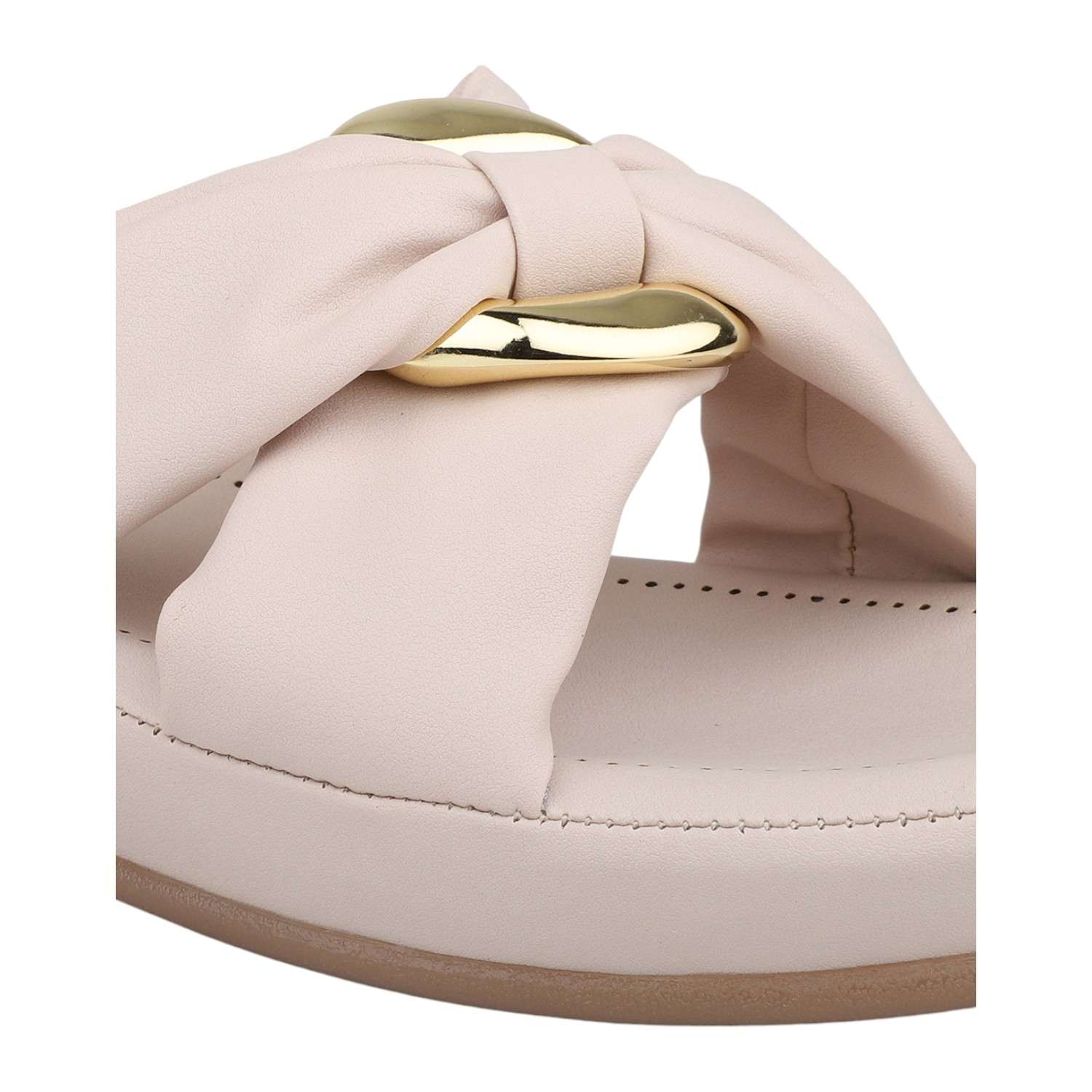 Women Cream Knotted Strap Wedge Slides with Gold Accent