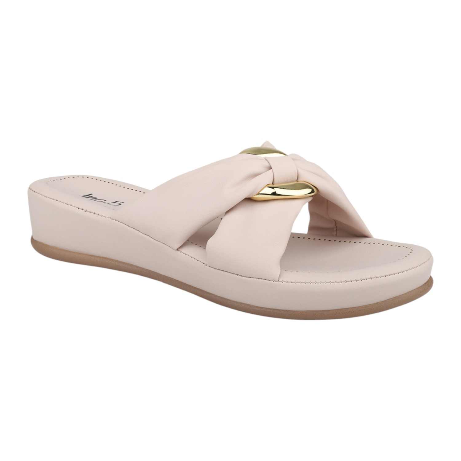 Women Cream Knotted Strap Wedge Slides with Gold Accent