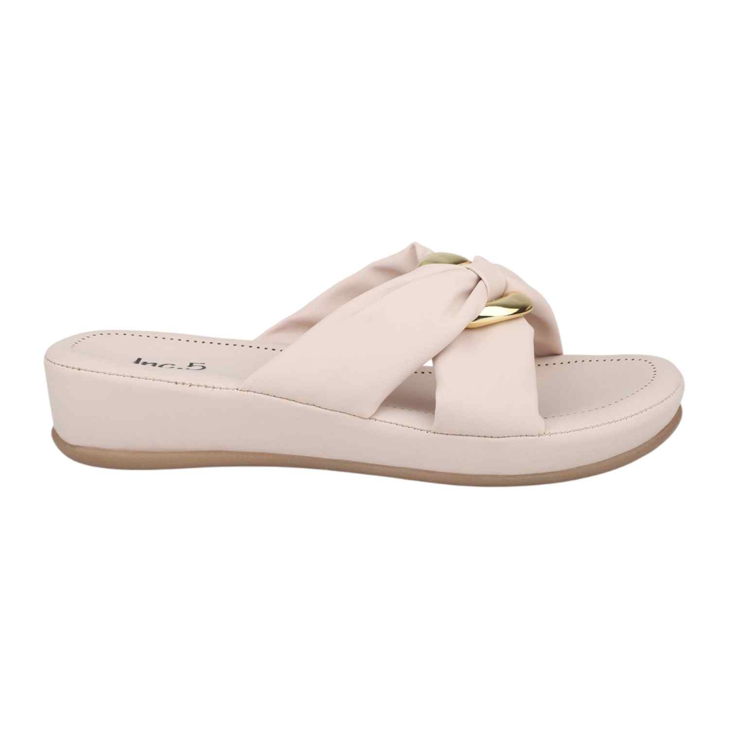 Women Cream Knotted Strap Wedge Slides with Gold Accent