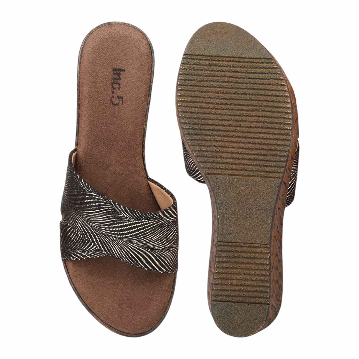 Women Antique Gold & Black Patterned Wedge Sandals