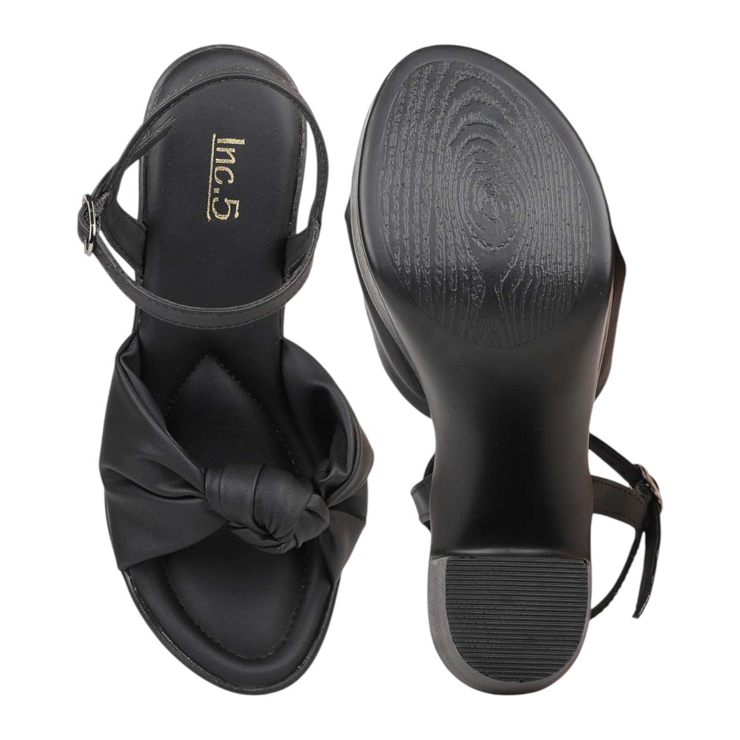 Women Black Knotted Strap Platform Block Heel Sandals