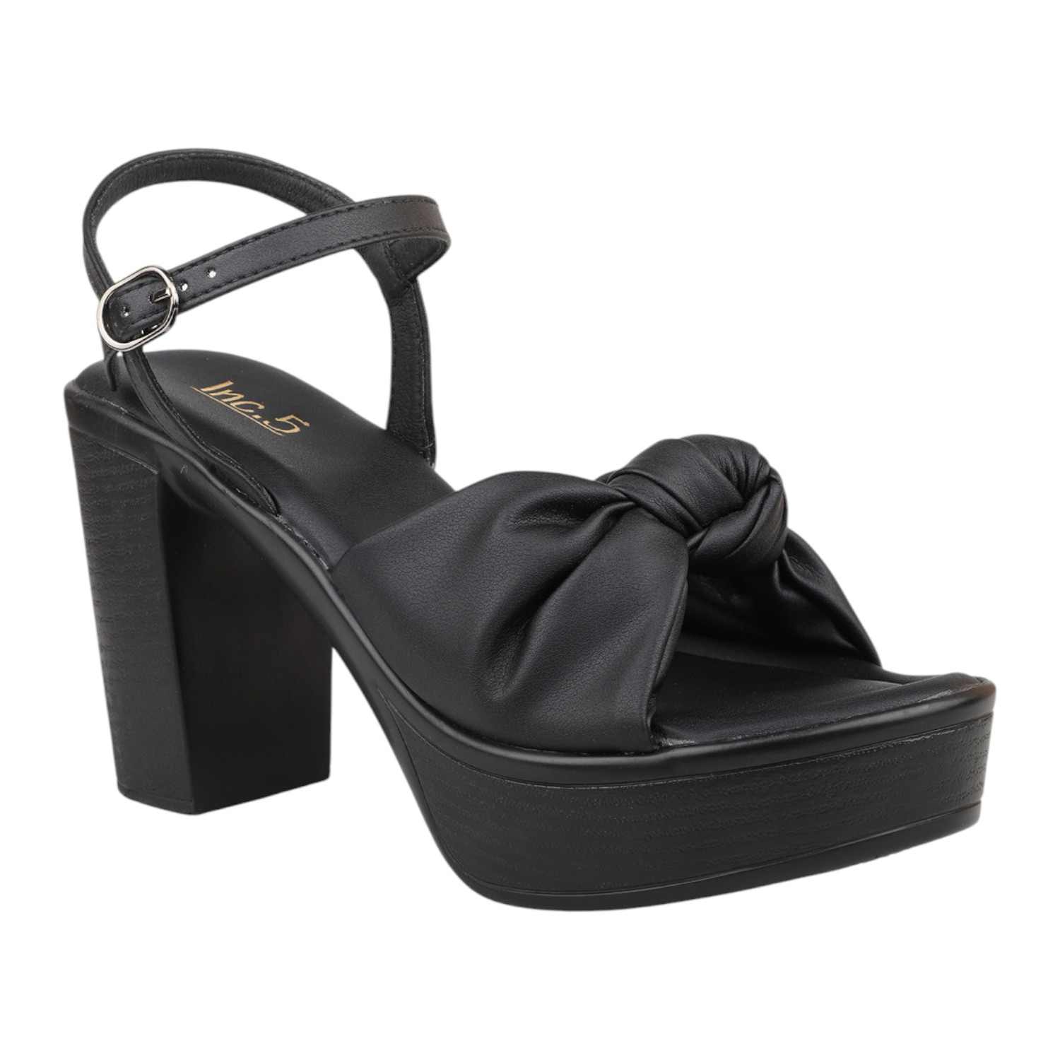 Women Black Knotted Strap Platform Block Heel Sandals
