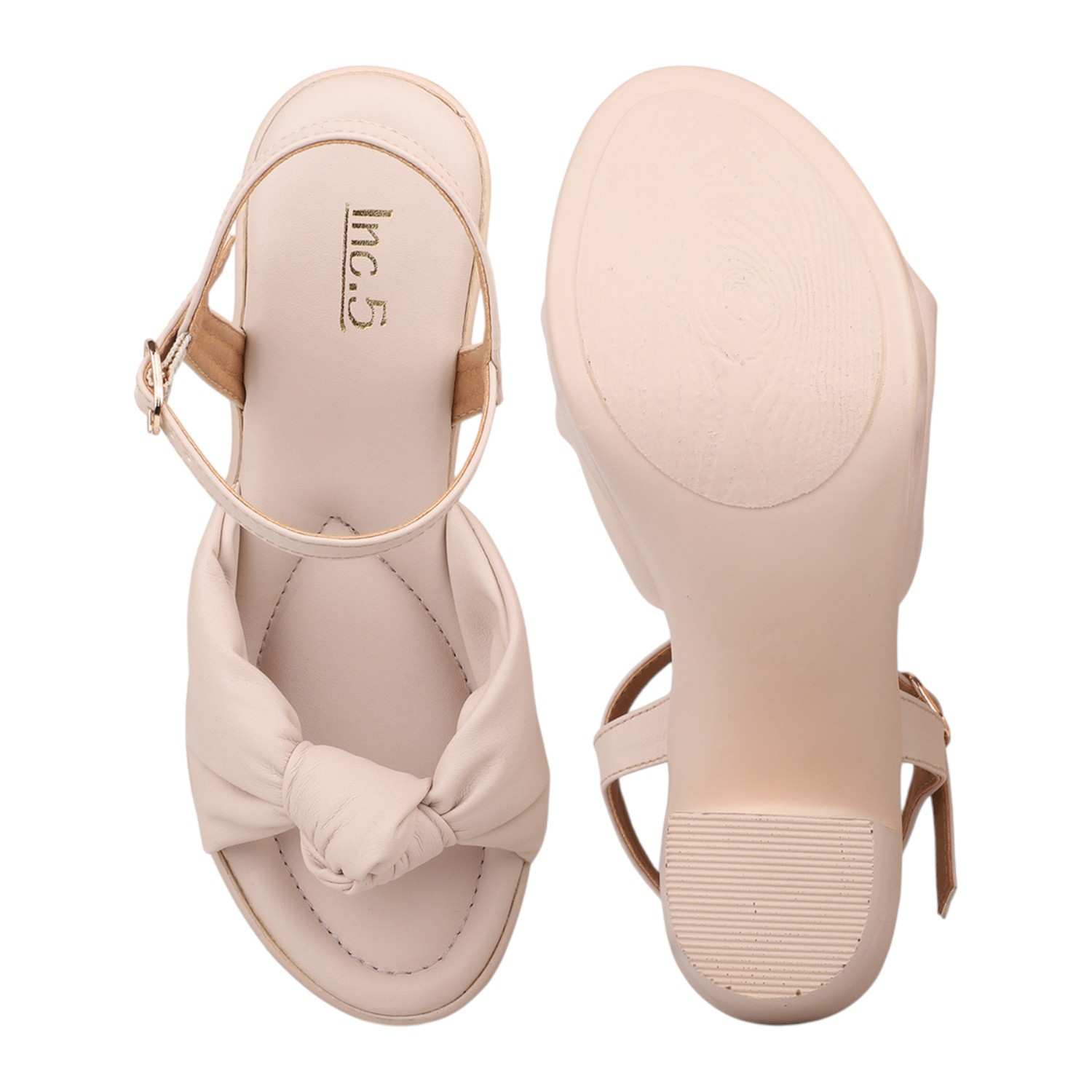 Women Beige Knotted Strap Platform Block Heel Sandals