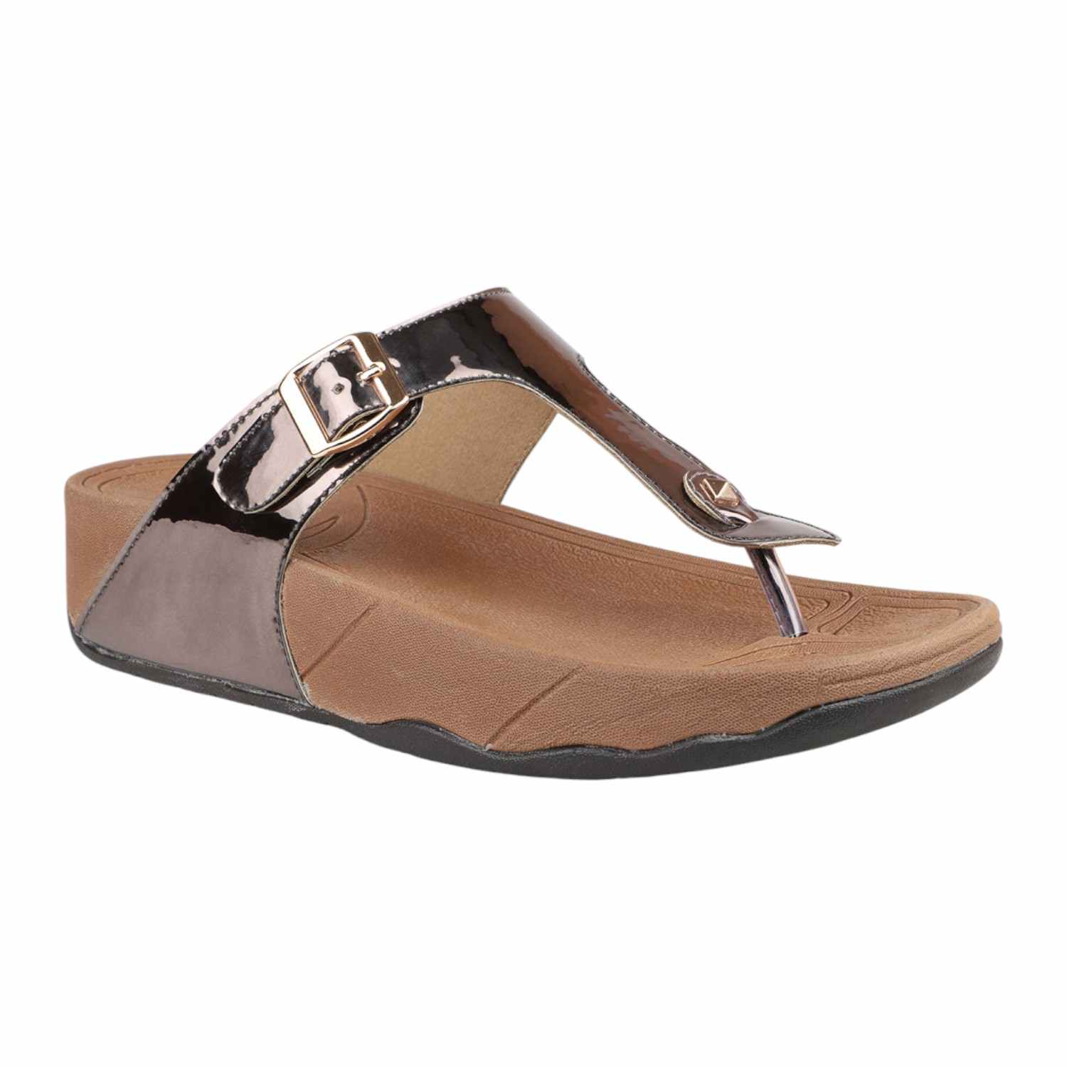 Women Pewter Metallic Buckled Thong Wedge Sandals
