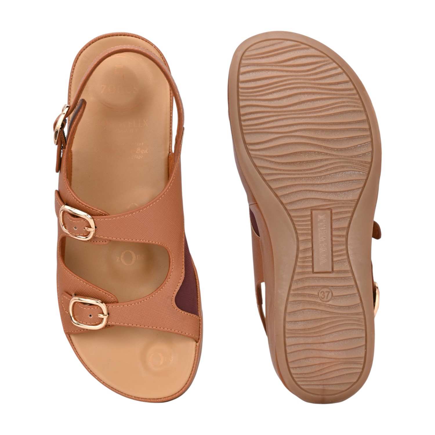 Women Beige Platform Sandal with Dual Buckle Straps and Back Strap