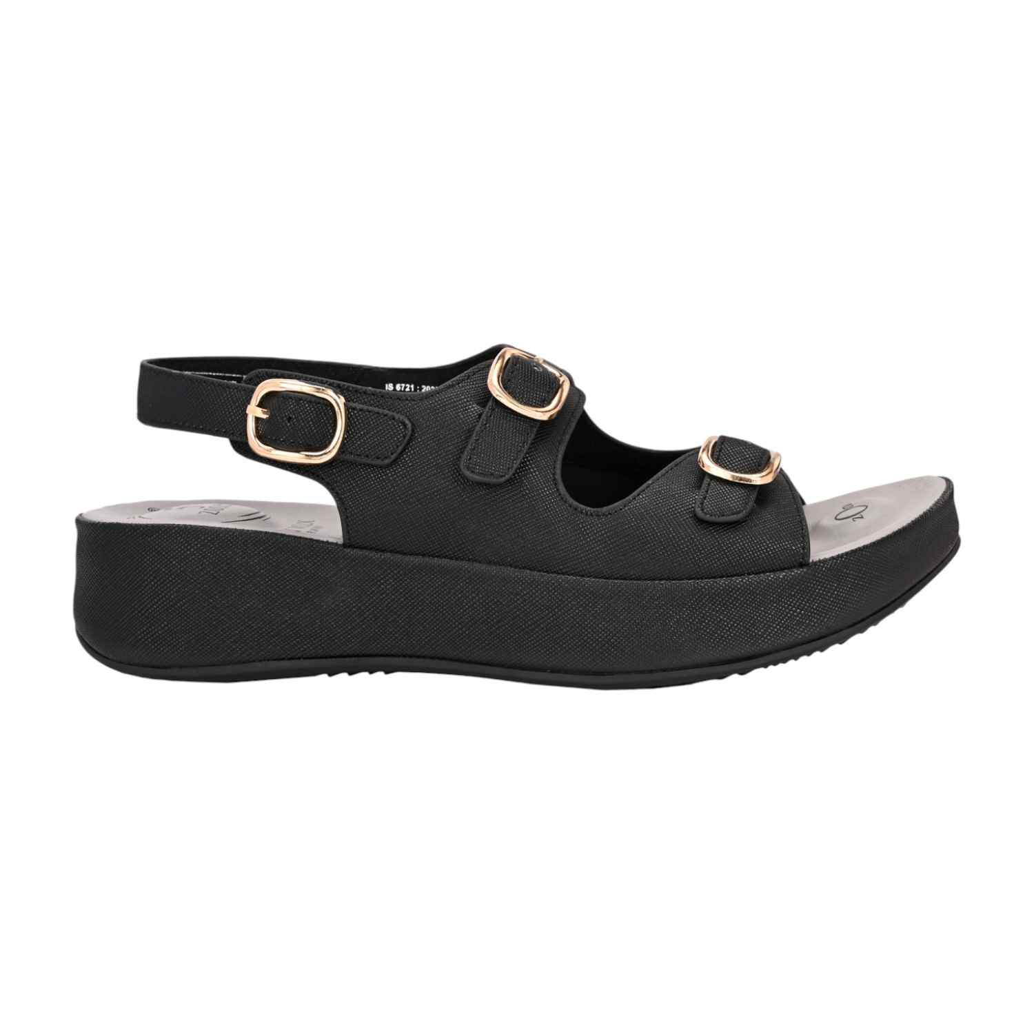 Women Black Platform Sandal with Dual Buckle Straps and Back Strap