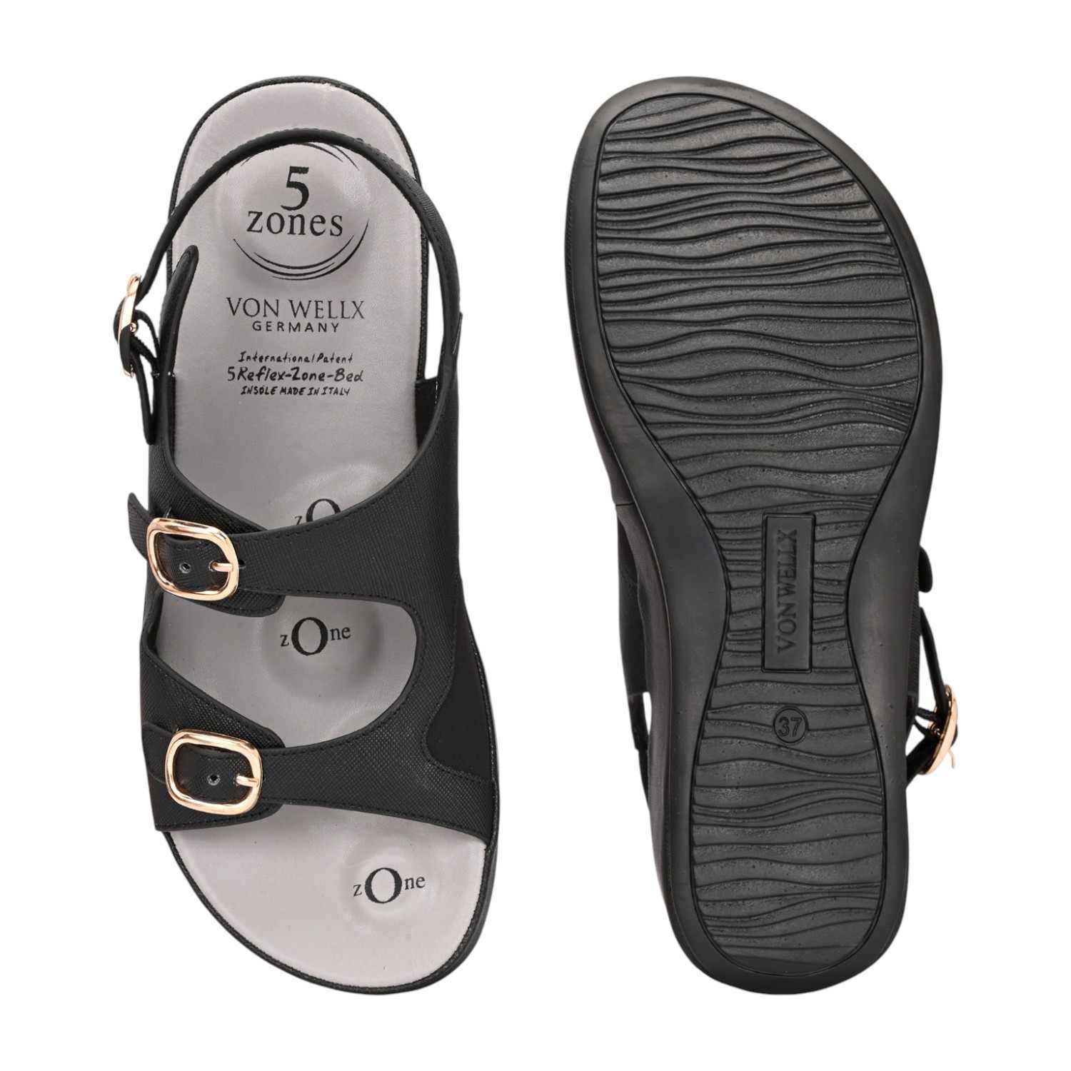Women Black Platform Sandal with Dual Buckle Straps and Back Strap