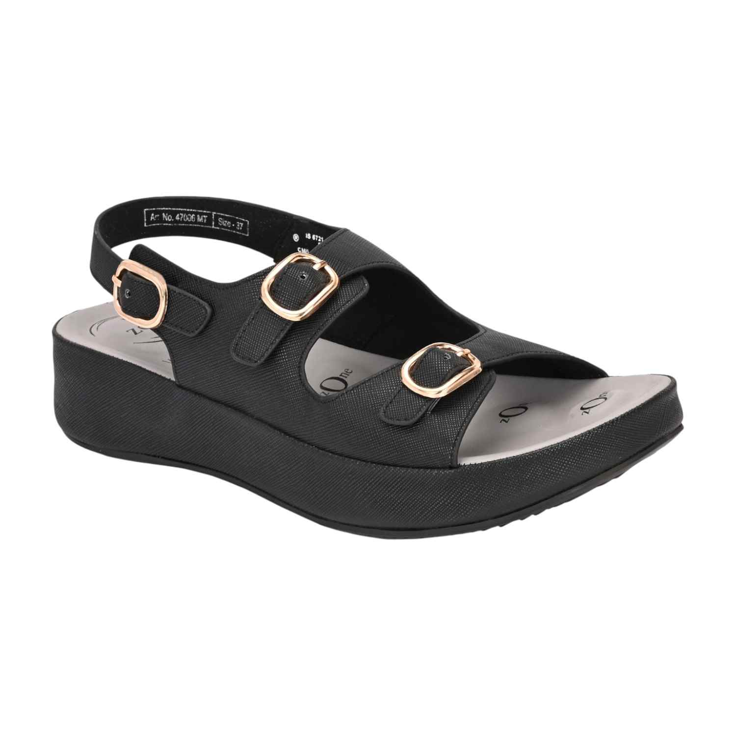Women Black Platform Sandal with Dual Buckle Straps and Back Strap
